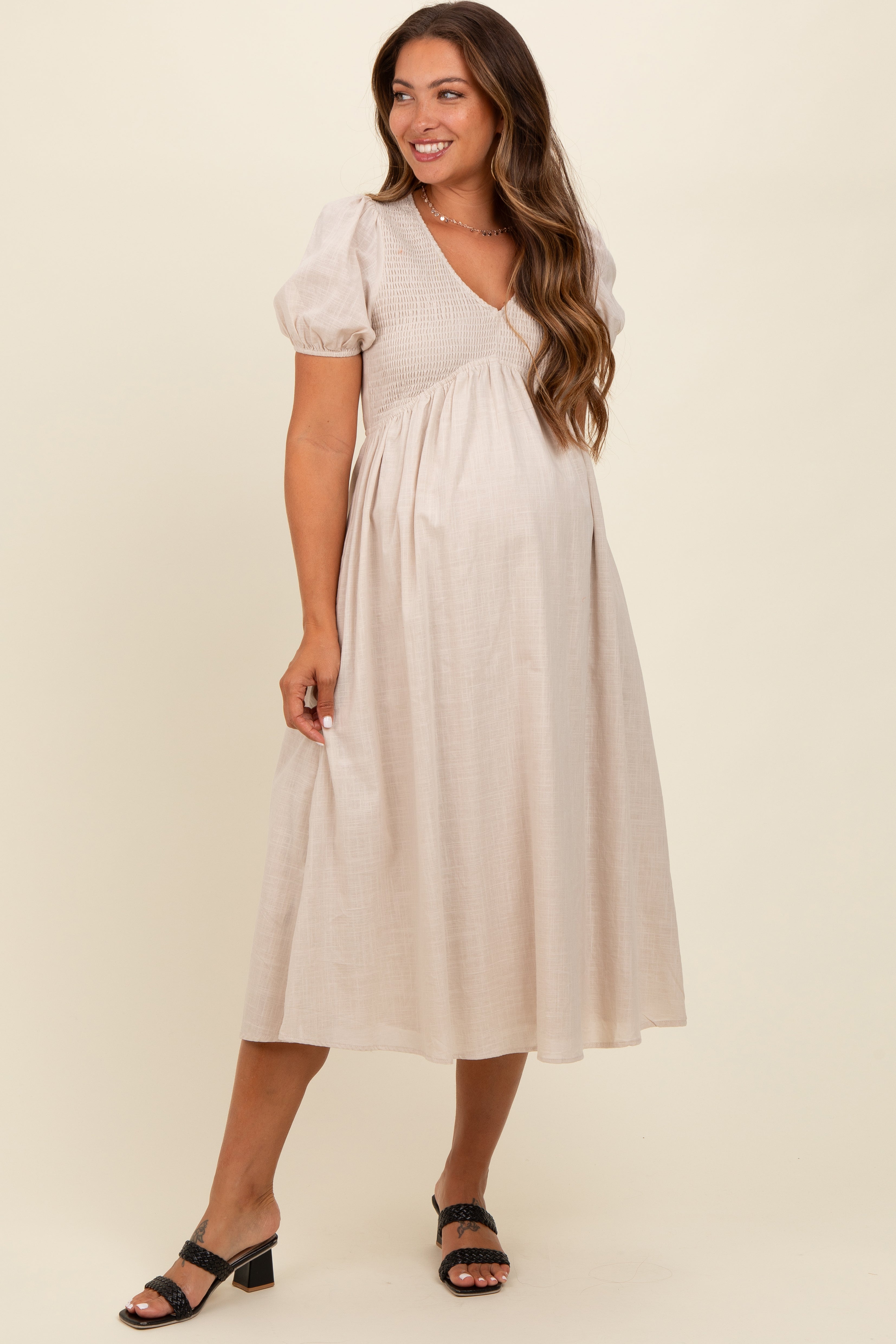 Beige Smocked V-Neck Puff Sleeve Maternity Midi Dress for Pregnancy Photos & Baby Showers - Comfortable Stretchy Flowy Dress for Moms-to-Be