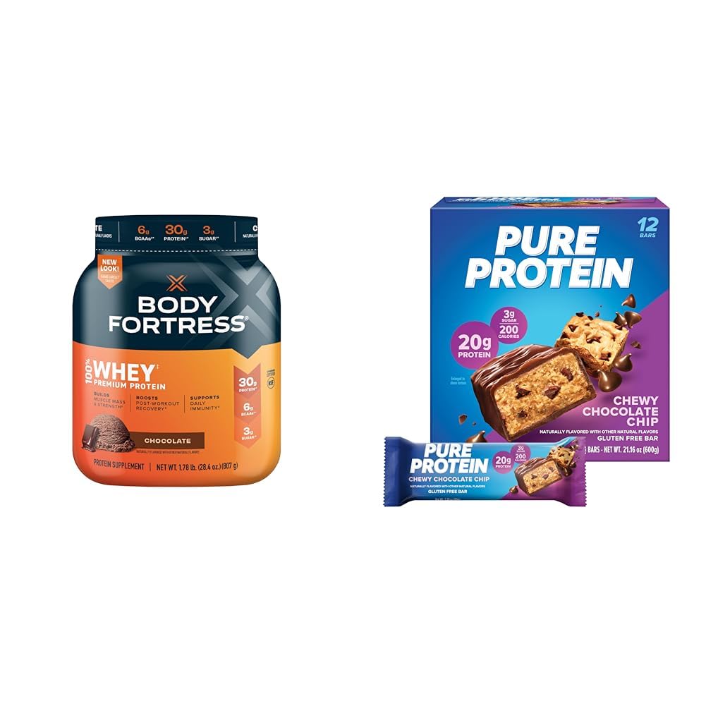 Body Fortress 100% Whey Protein Powder Chocolate 1.78lbs & Pure Protein Bars Chocolate Chip 1.76oz (12 Pack) - Post Workout Recovery & Muscle Building Supplements for Athletes & Fitness Enthusiasts
