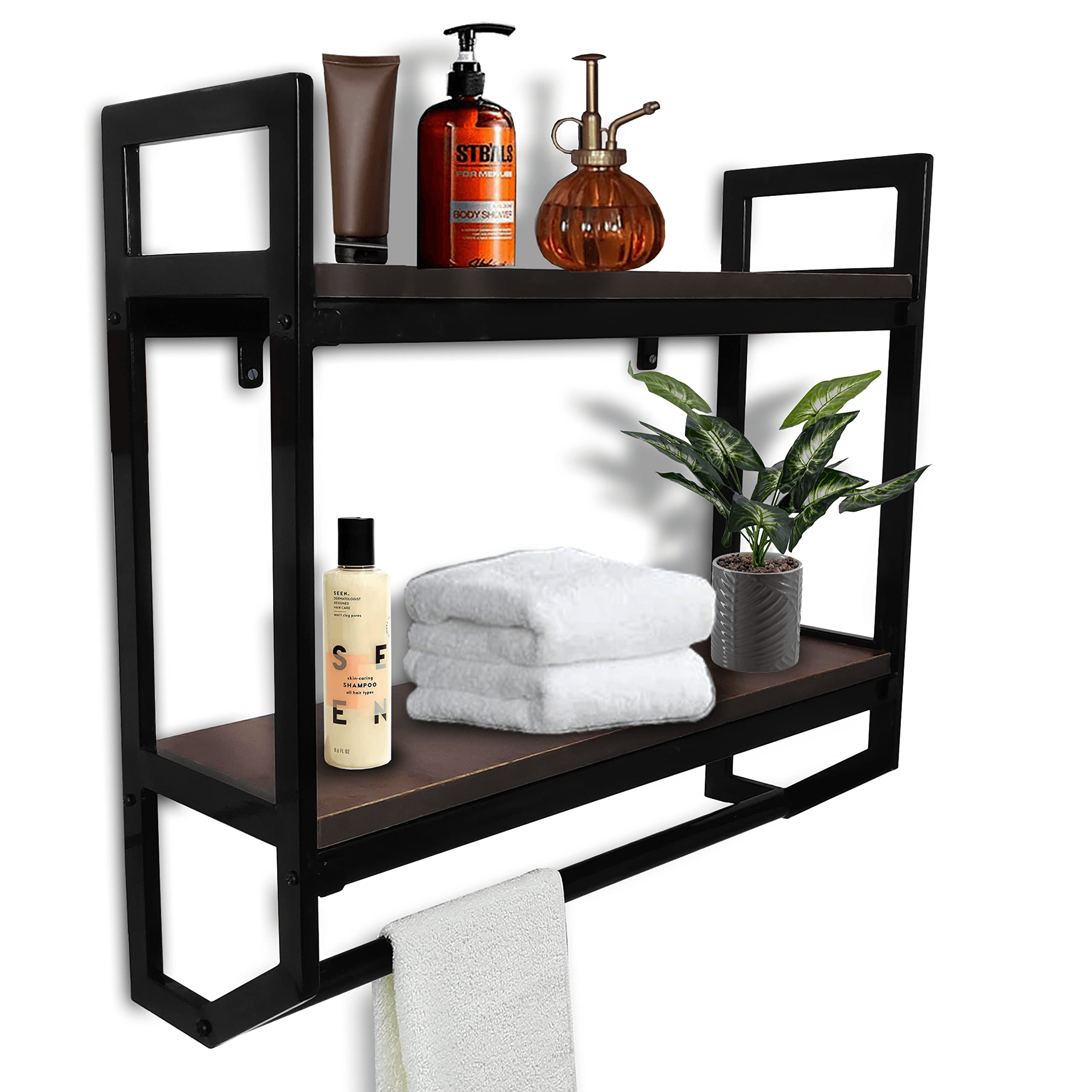 FEBTECH 2-Tier Wall Mount Industrial Bathroom Towel Rack with Towel Bar - 23.6 Inch Rustic Steel Wall Shelf for Over Toilet Storage - Bathroom & Kitchen Organizer for Farmhouse, Bedroom, Laundry Room - Space Saving Home Decor Solution