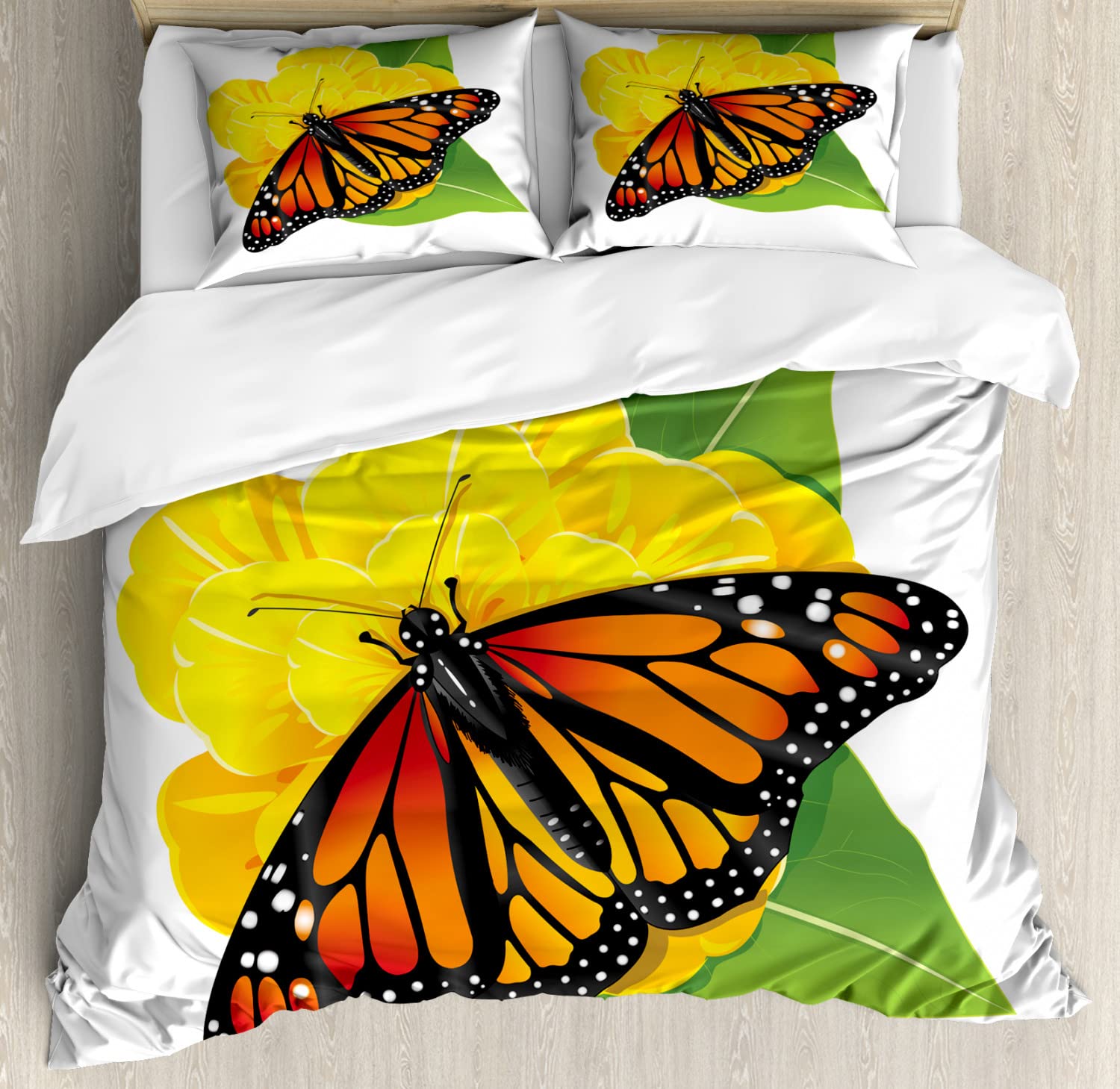 Ambesonne Butterfly Duvet Cover Set - King Size 2-Pack with 2 Duvet Covers & 4 Pillowcases, Monarch Butterfly & Floral Design in Orange & Yellow - Perfect for Bedroom Decor, Guest Room, and Bohemian Style Home