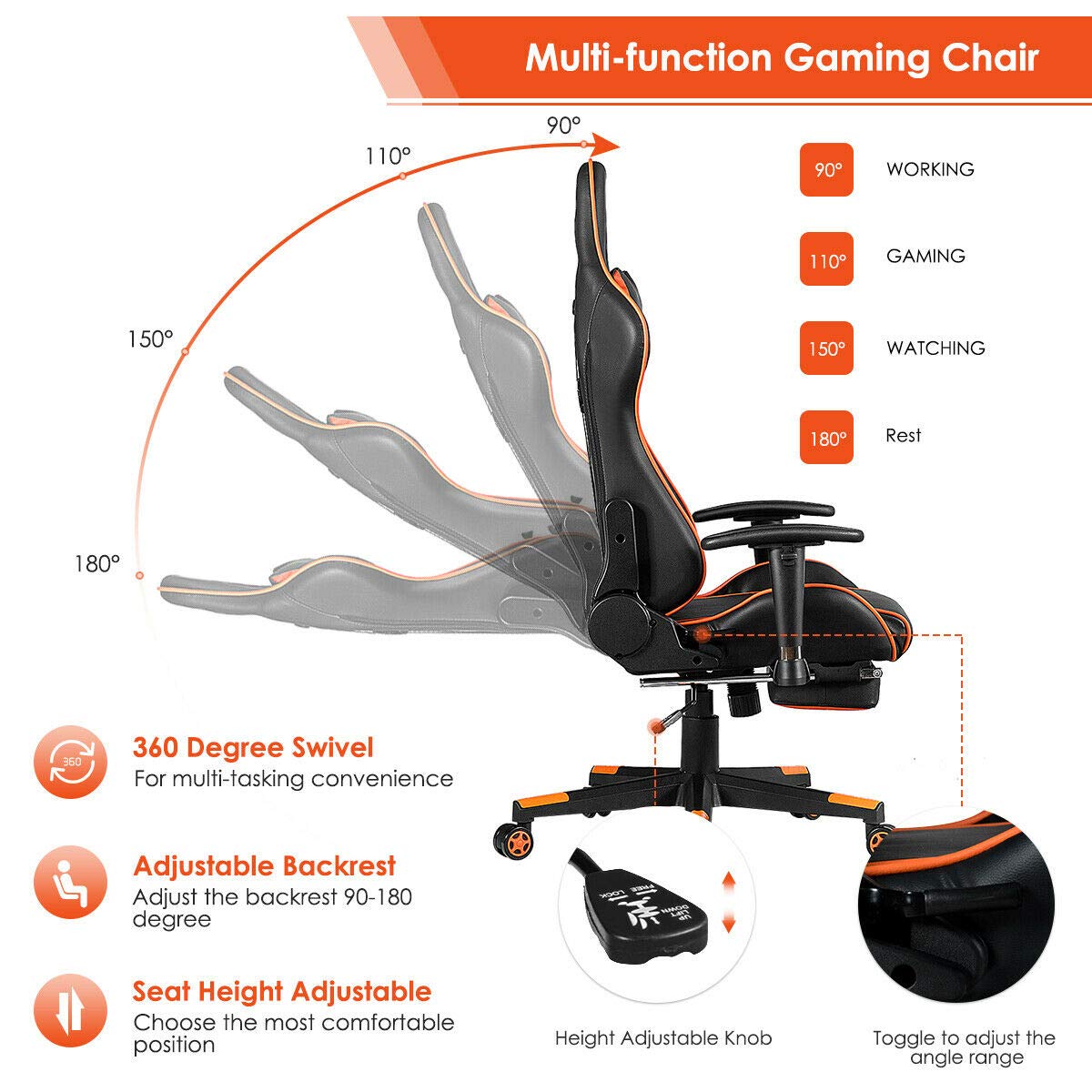 Giantex Ergonomic Massage Gaming Chair - High Back Adjustable Reclining Racing Chair with USB Lumbar Support, Headrest & Footrest - PU Leather Office & Home Gaming Desk Chair (Orange & Black) - Perfect for PC Gaming, Work from Home & Relaxation