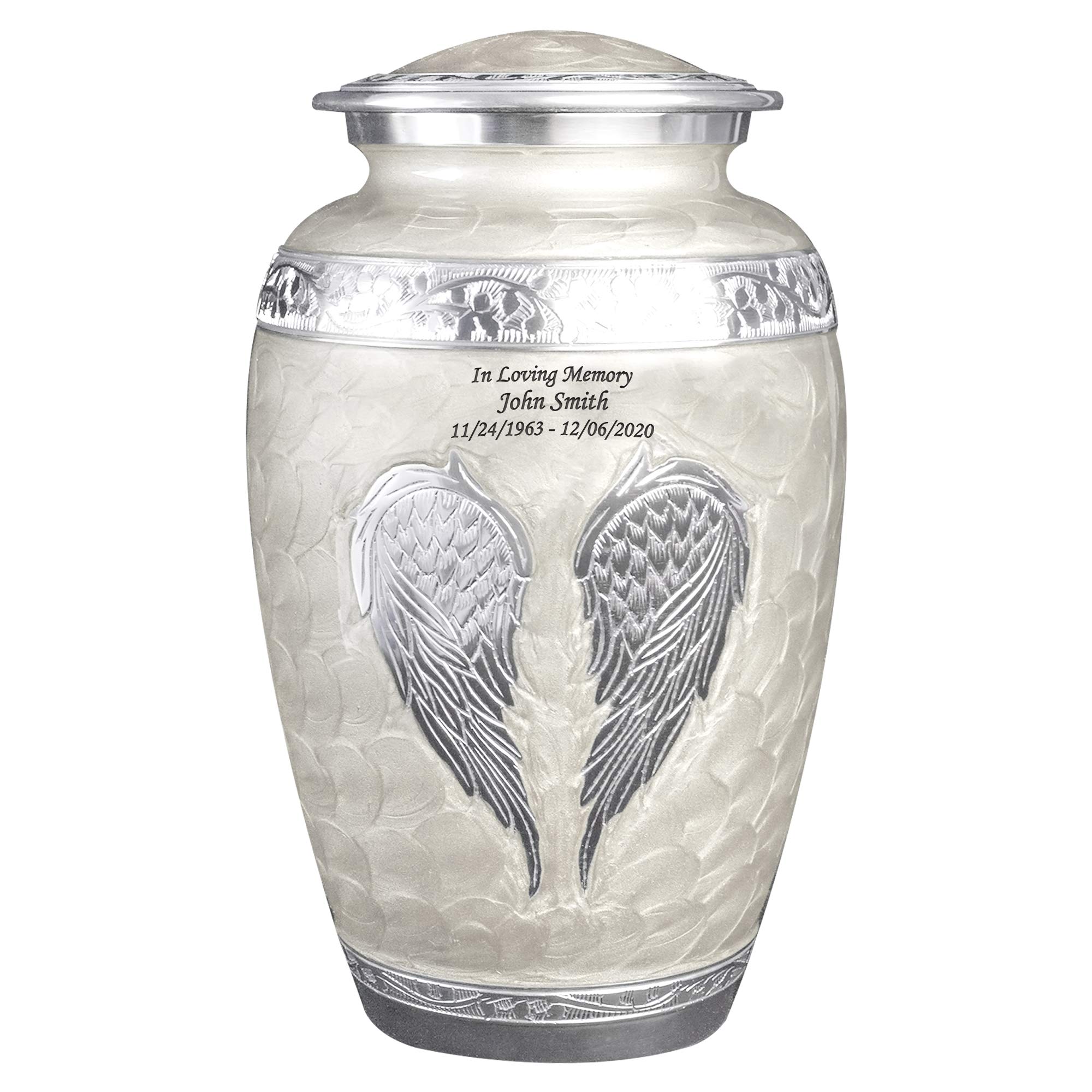 White Angel Wings Funeral Cremation Urn with Matching Keepsake Velvet Bags - Personalized Memorial Urn for Ashes (Pearl White, Large) - Perfect for Funeral Services, Memorial Displays & Home Keepsakes