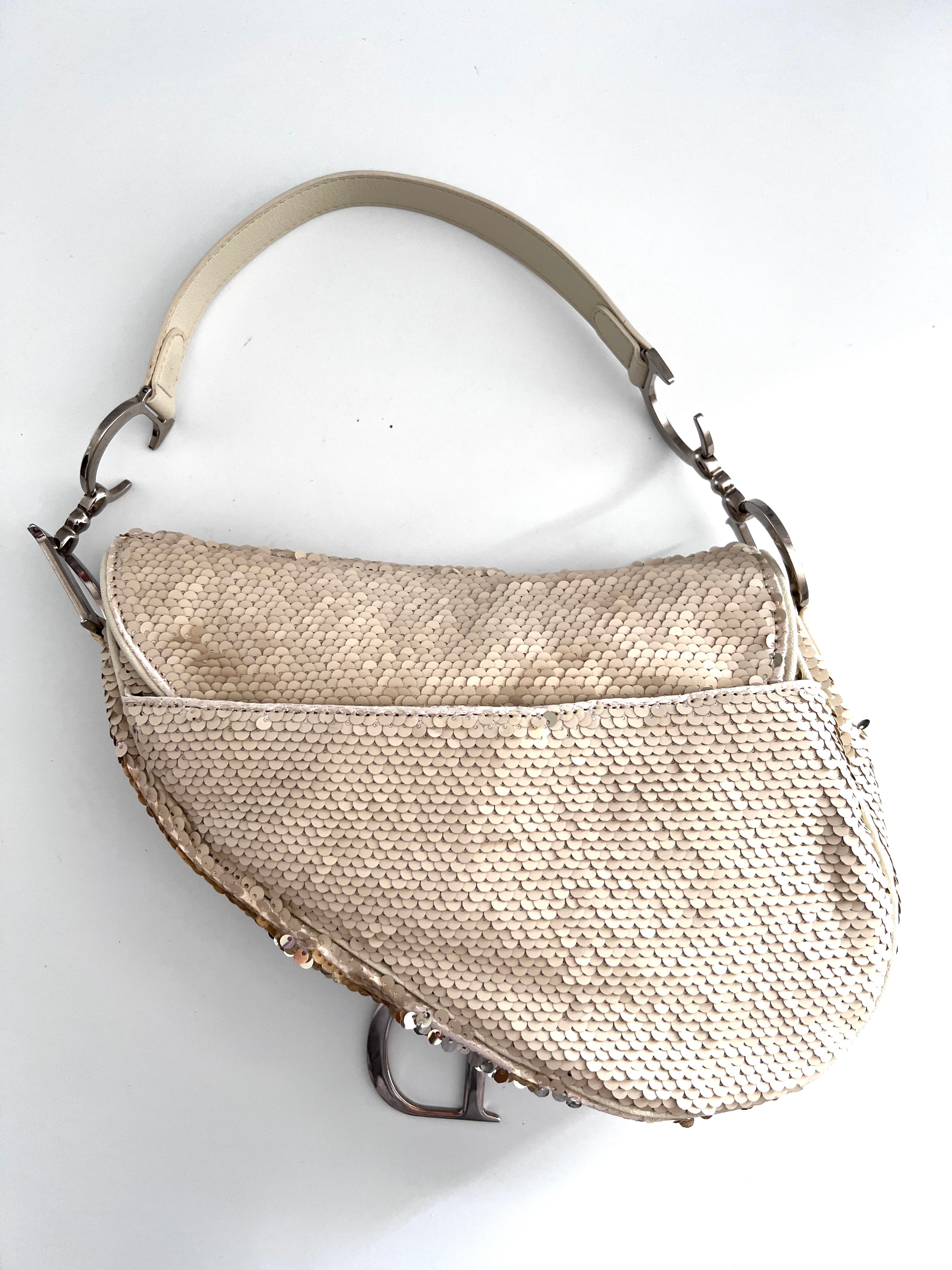 Vintage Dior Cream Reversible Sequin Saddle Bag - Matte & Radiant Finish | Luxury Crossbody Purse for Evening Parties, Weddings & Special Occasions