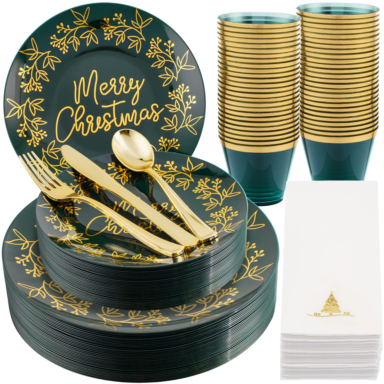 Morejoy 175-Piece Green and Gold Christmas Plastic Dinnerware Set - Plates, Cutlery, Cups & Napkins for Holiday Parties, Family Gatherings & Festive Celebrations