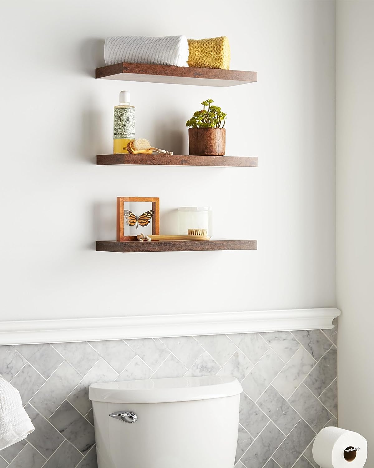 Rustic Floating Wood Shelves Set of 3 - 16 Inch Wall Mounted Shelves for Bathroom, Bedroom, Living Room & Kitchen - Small Hanging Shelf with 22lbs Capacity for Books, Storage & Room Decor - Perfect for Home Organization & Stylish Display