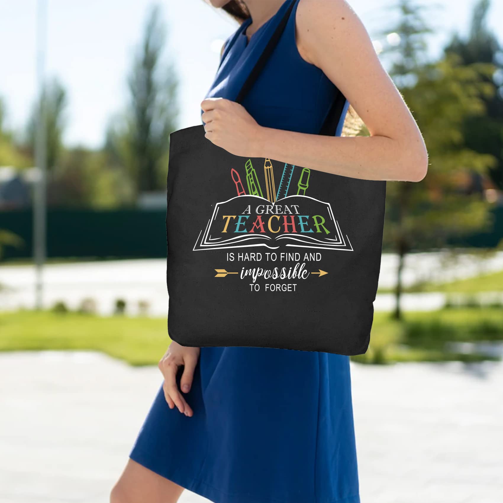 Best Teacher Appreciation Gifts - Premium Canvas Tote Bag for Women with Pockets - Perfect for Graduation, Birthday, Christmas & Thanksgiving - Black Elegant Teacher Bag for Everyday Use, School & Shopping