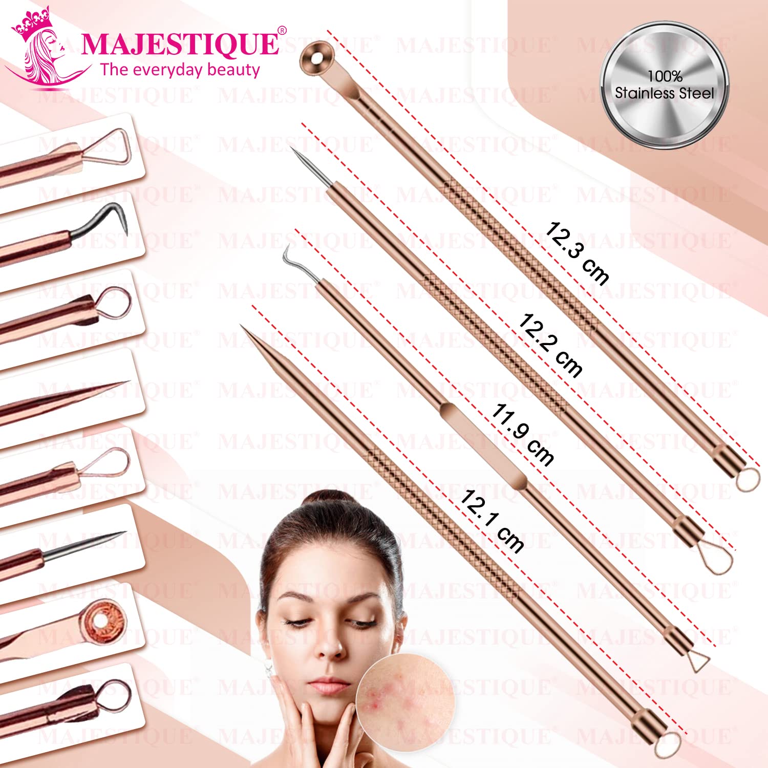 Majestique 4-Piece Blackhead Remover Kit - Stainless Steel Pimple Extractor Tool for Nose & Face - Whitehead & Blackhead Removal for Men & Women - CMB530 - Perfect for Home Skincare & Spa Treatments