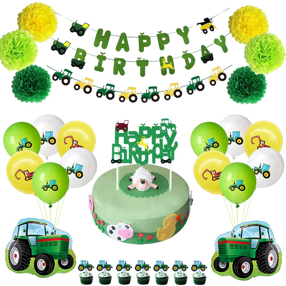 JOPARY Farm Green Tractor Themed Party Supplies Set - Happy Birthday Banner, Garland, Cupcake Toppers & Balloons for Kids Birthday Party Decorations - Perfect for Boys, Girls, Baby Showers & Photo Booth Props | Ideal for Farm-Themed Celebrations, 1st Birthdays & Outdoor Party Decor