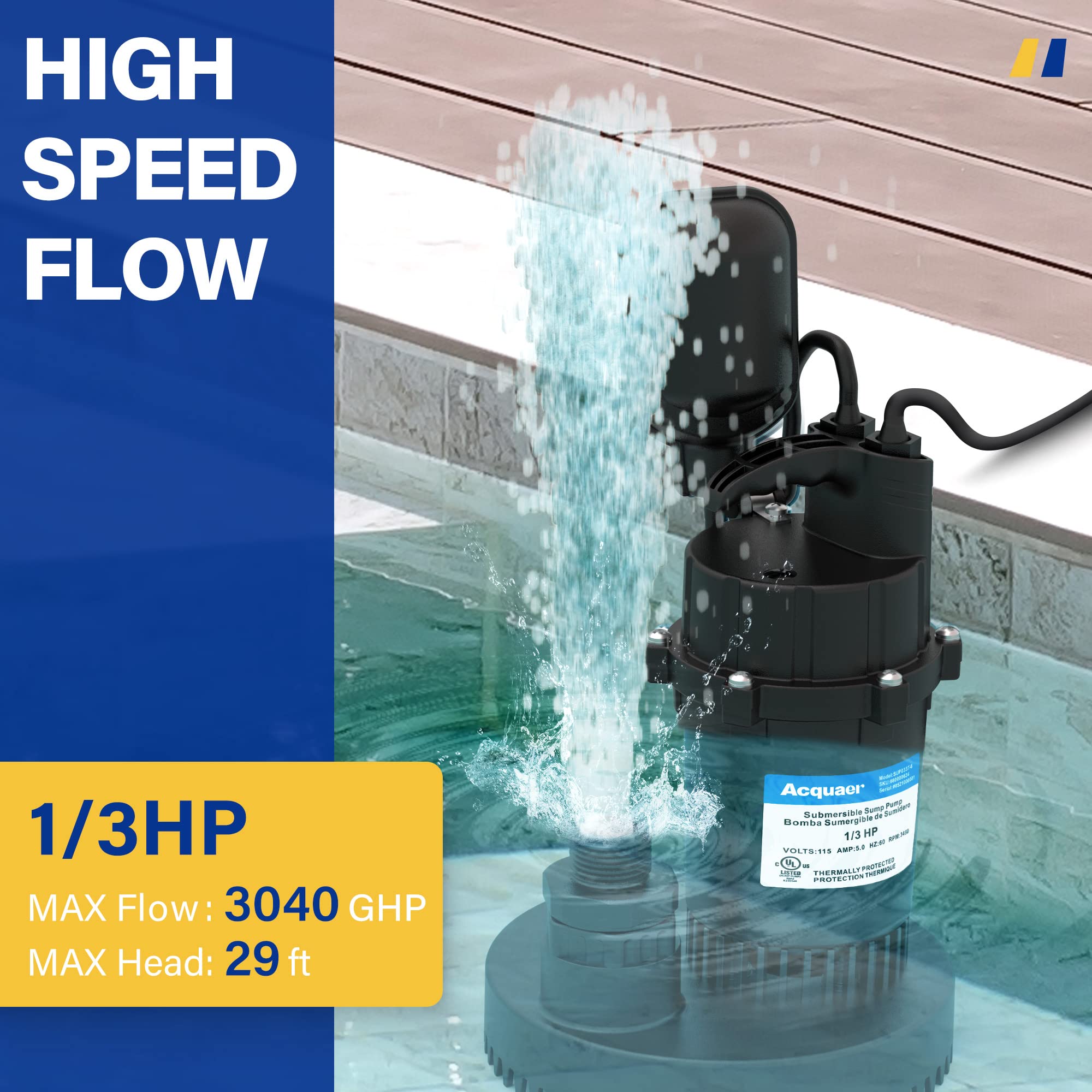 Acquaer 1/3 HP Submersible Sump Pump - 3040 GPH Clean/Dirty Water Pump with Automatic Float Switch & 10ft Power Cord - Ideal for Basement, Pool, Pond, Drain, Flooded Cellar, Aquarium, Irrigation & Emergency Water Removal
