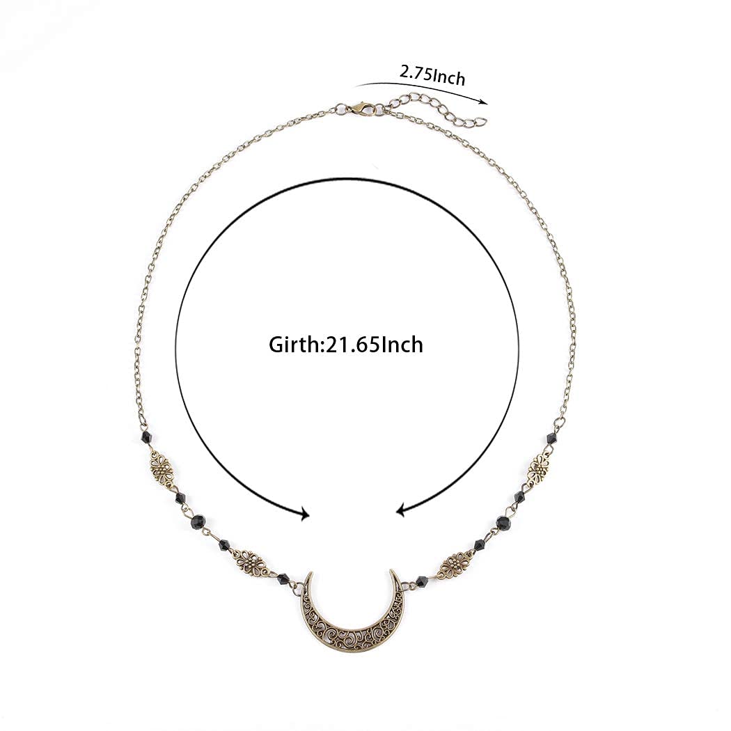 Vintage Crescent Moon Head Chain with Black Crystals - Boho Hair Jewelry for Women & Girls - Perfect for Halloween, Cosplay, Music Festivals & Boho Fashion (Bronze)