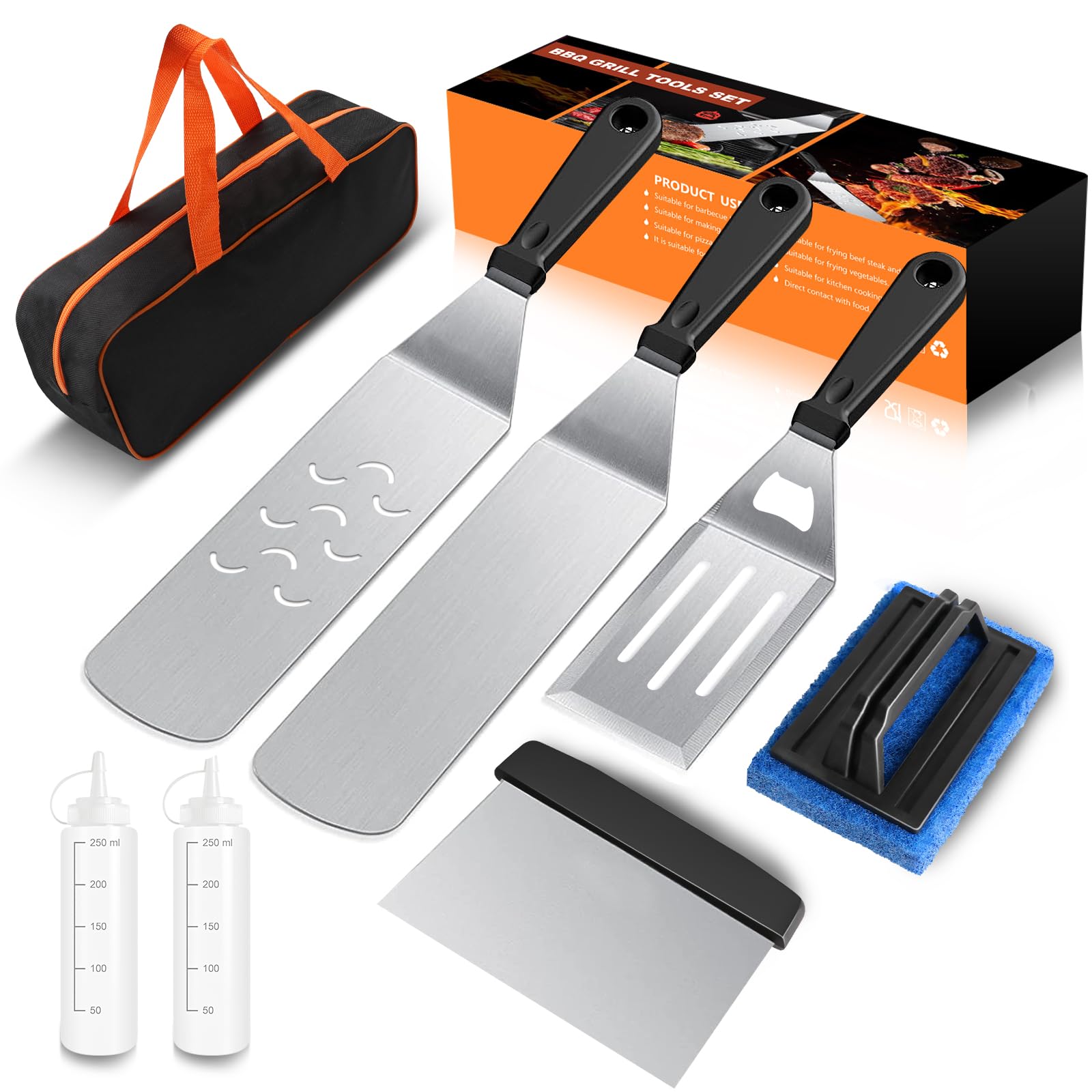 **8-Piece Blackstone Griddle Accessories Kit – Professional Stainless Steel Spatula Set with Carry Bag for Blackstone & Camp Chef Griddles – Perfect for Outdoor BBQ, Teppanyaki, Camping & Backyard Cooking**