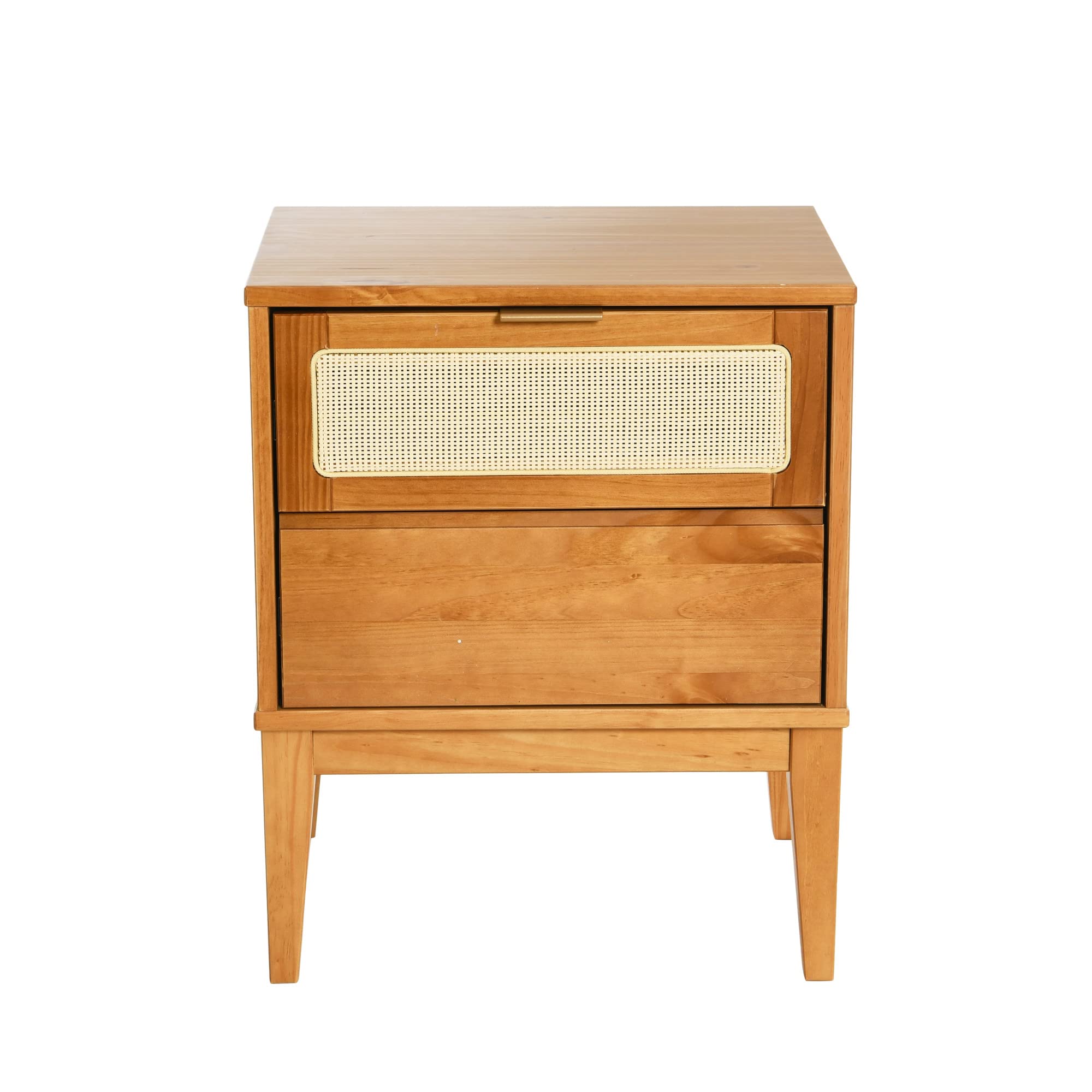 Creative Co-Op Crawford Solid Wood Nightstand with 2 Storage Drawers & Cane Detail - Light Brown Finish - Bedroom Furniture for Small Spaces, Modern Farmhouse Decor