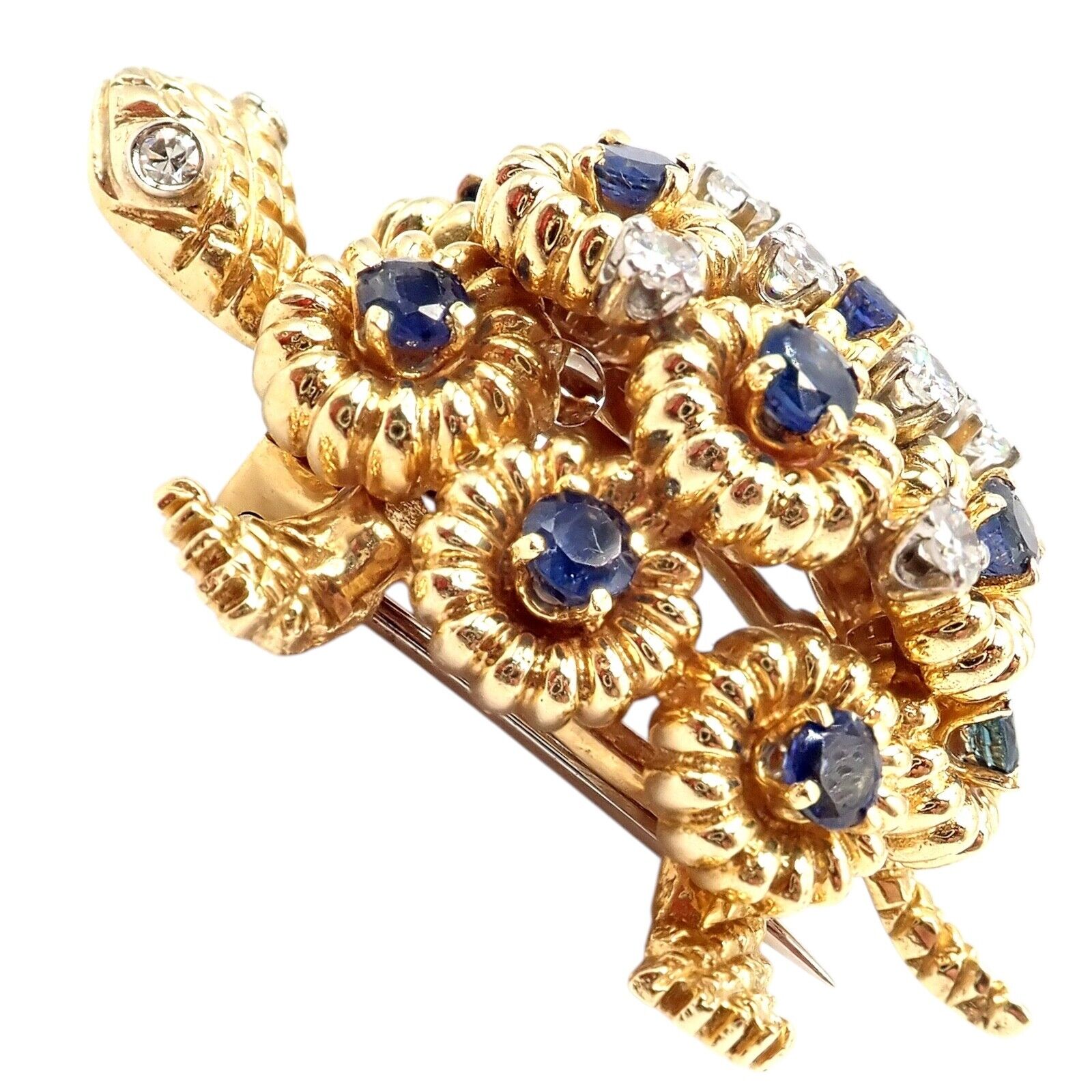 Authentic Tiffany & Co. 18k Yellow Gold Turtle Diamond Sapphire Brooch Pin - Vintage Luxury Jewelry Gift for Women, Perfect for Weddings & Special Occasions