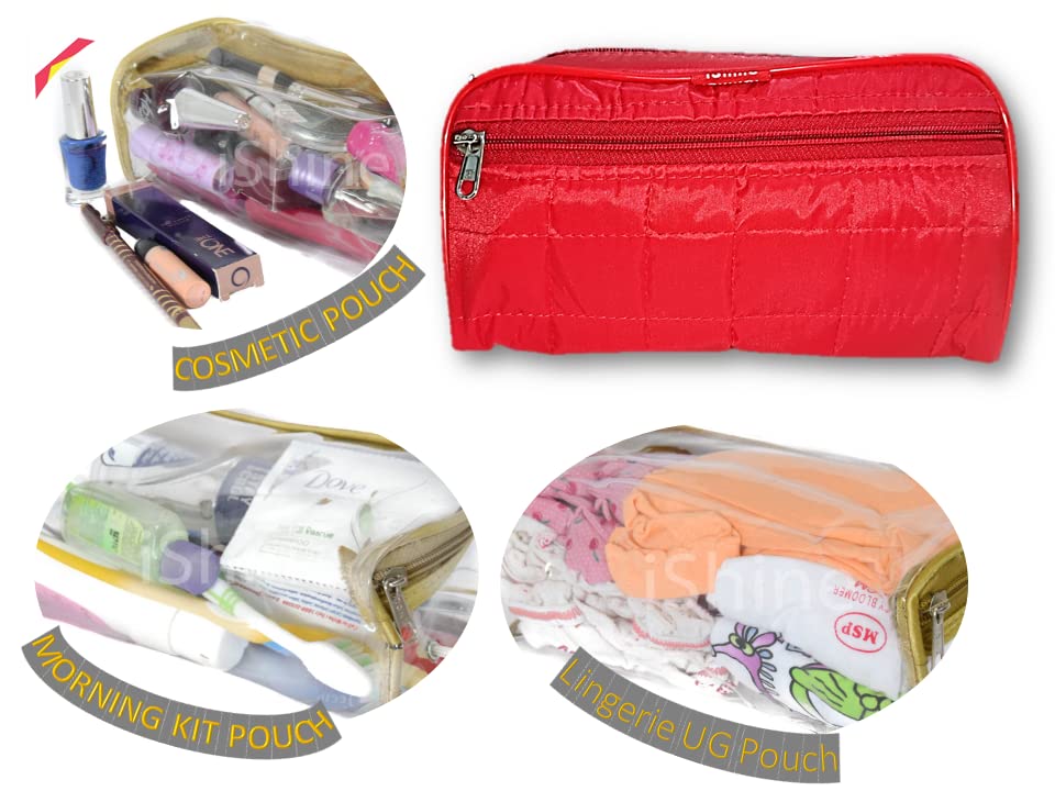 iShine Double Pocket Travel Cosmetic Bag - Waterproof Makeup Organizer Pouch for Men & Women | Morning Kit & Toiletry Storage (Red, Parachute Fabric, 2 Pack) - Perfect for Air Travel, Gym, Camping & Daily Essentials