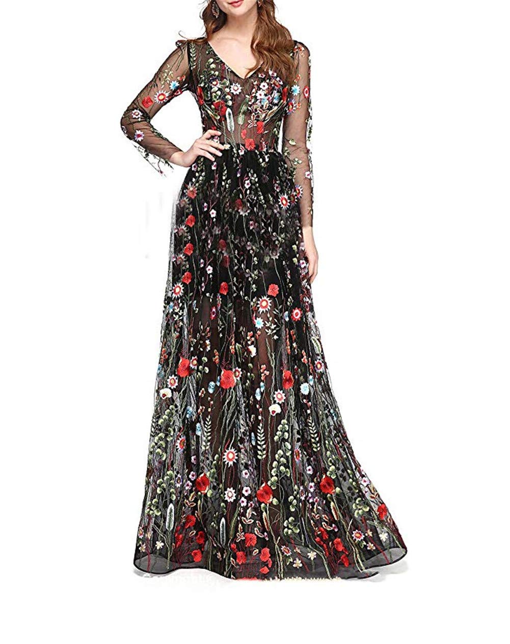 Honeydress Women's Embroidered Floral Long Sleeve Maxi Dress - Elegant Boho Style for Parties, Weddings & Special Occasions