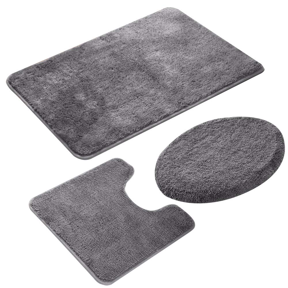 Premium 3-Piece Bathroom Rug Set - Soft Shaggy Non-Slip Bath Mats with U-Shaped Rug & Toilet Cover (Grey) | Cozy & Safe for Bathroom, Bedroom, Laundry Room