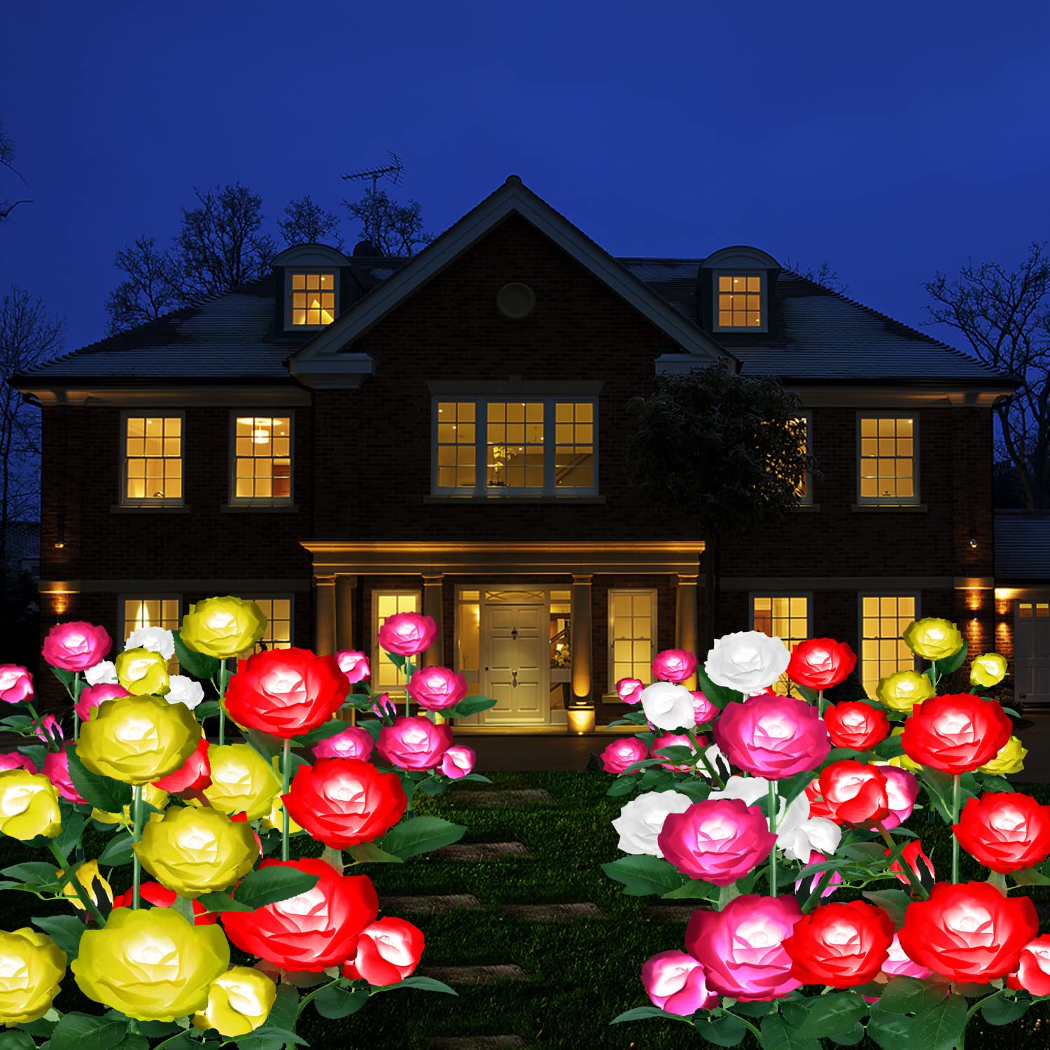 Solar Powered Outdoor Garden Lights - 7 Rose Flower Stake Lights with Enlarged Solar Panel for Pathway, Patio, Yard & Landscape Decoration (Pink) | Weatherproof & Energy Efficient Solar Lights for Romantic Evening Ambience