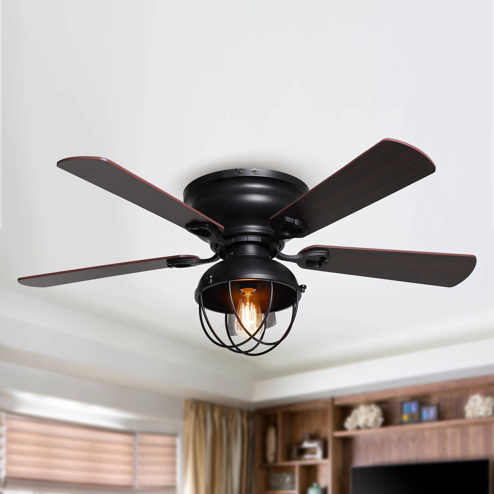 Parrot Uncle 42 Inch Low Profile Ceiling Fan with Lights and Remote Control - Black Flush Mount Farmhouse Style Ceiling Fan for Bedroom, Living Room & Indoor Spaces