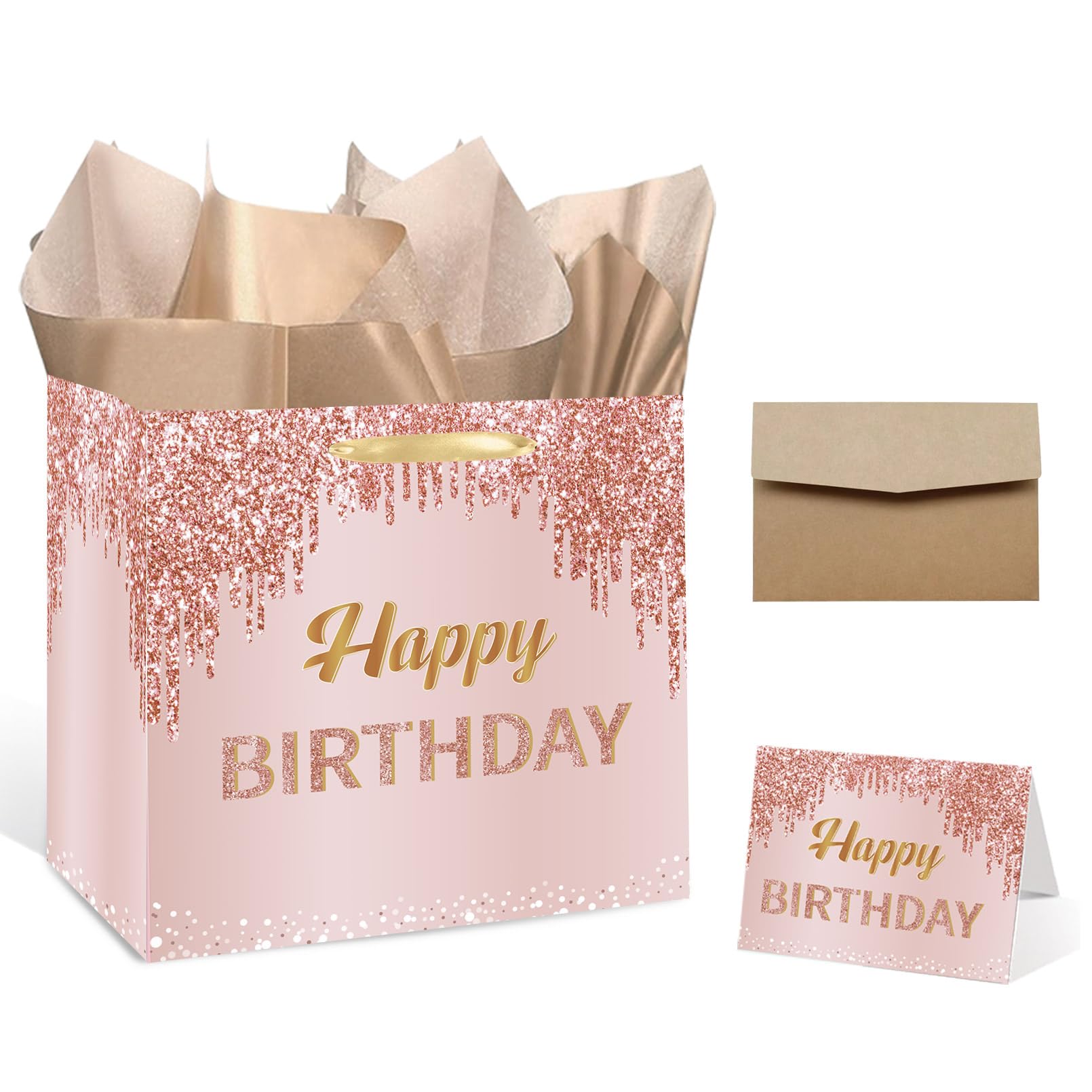 GOLDCROW 7 Inch Rose Gold Birthday Gift Bags with Tissue Paper & Card - Small Square Pink Party Favor Bags for Birthday Presents, Baby Showers, Bridal Showers & Special Occasions