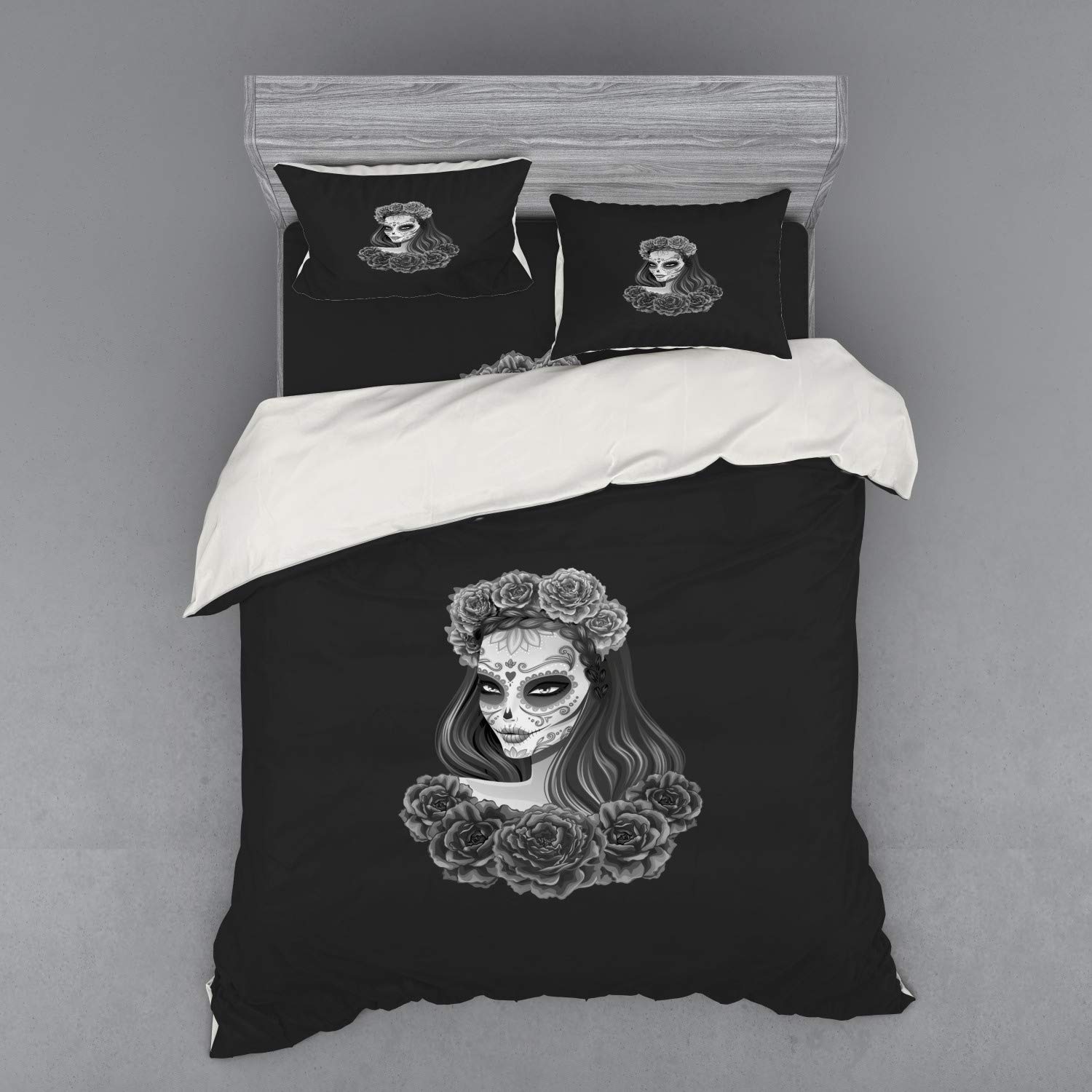 Ambesonne Day of The Dead Duvet Cover Set - Gothic Sugar Skull Makeup with Roses, 4-Piece Queen Size Bedding Set with Pillow Shams & Fitted Sheet in Charcoal Grey - Perfect for Halloween Decor, Gothic Bedroom Theme & Mexican Culture Inspired Home Decor