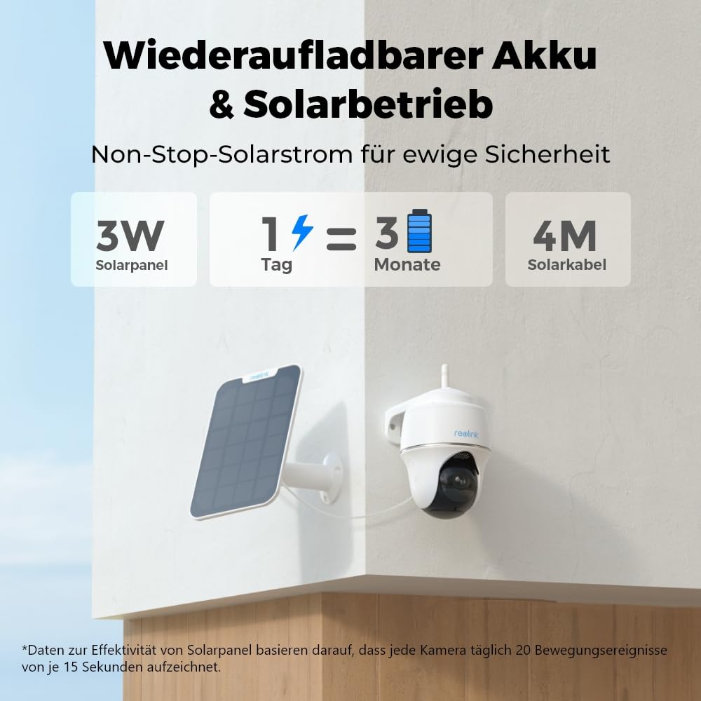 Reolink 3MP Outdoor Security Camera with Battery & Solar Panel - 2K HD, 355° Pan & 140° Tilt, WLAN WiFi (2.4GHz), PIR Motion Sensor, AI Detection, Two-Way Audio - Ideal for Home, Garage & Backyard Surveillance