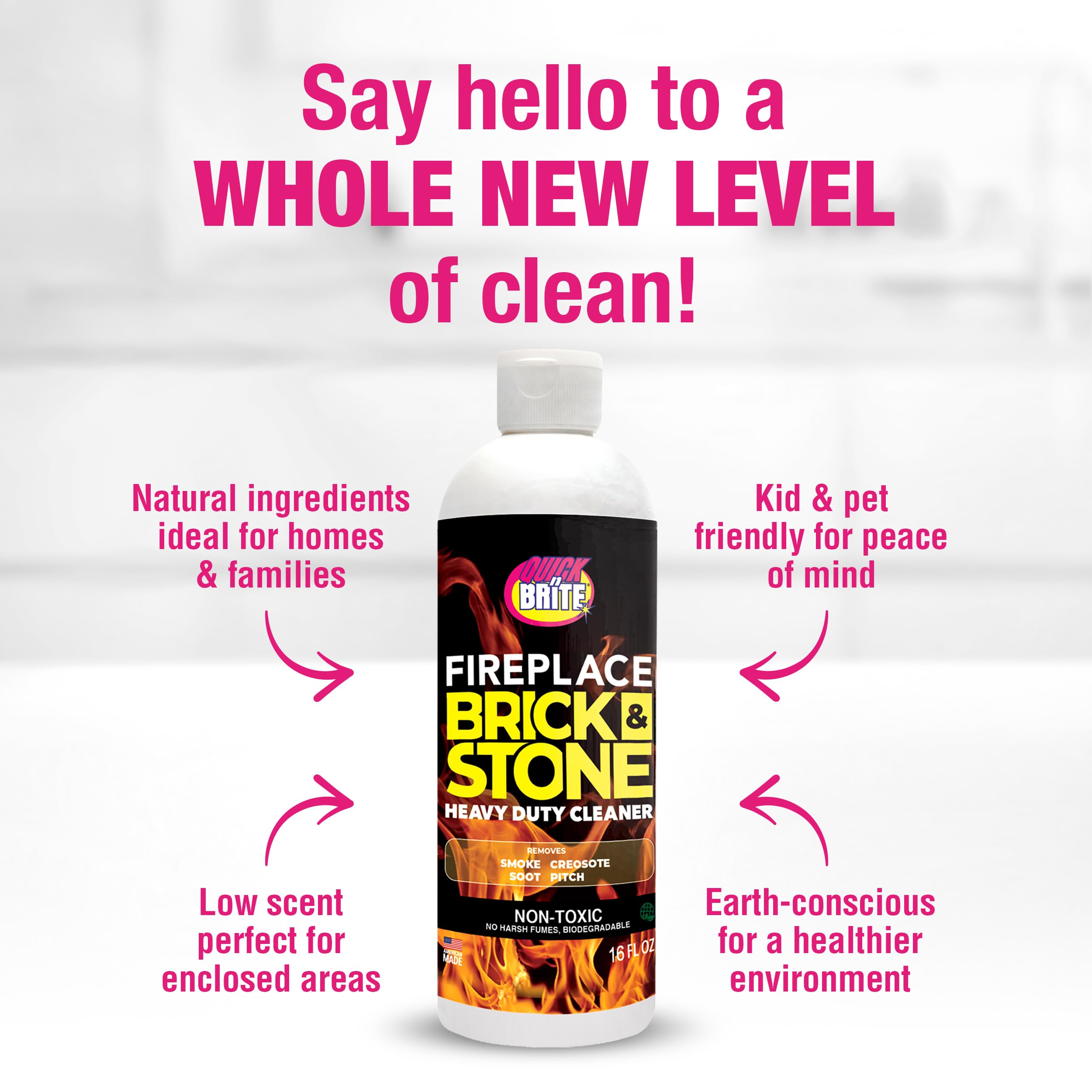 Quick N Brite Fireplace Gel Cleaner with Scrub Brush - Nonabrasive Deep Clean for Brick, Stone, Tile & Marble Fireplaces - Made in USA (16 oz) - Perfect for Indoor/Outdoor Fireplace & Hearth Maintenance