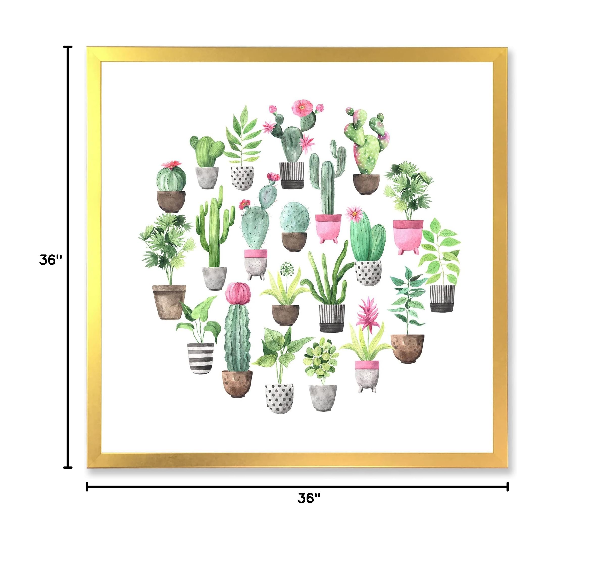 DesignQ Cacti in Ceramic Pots - Soft Tone Traditional Framed Wall Art Decor for Living Room, Bedroom & Office