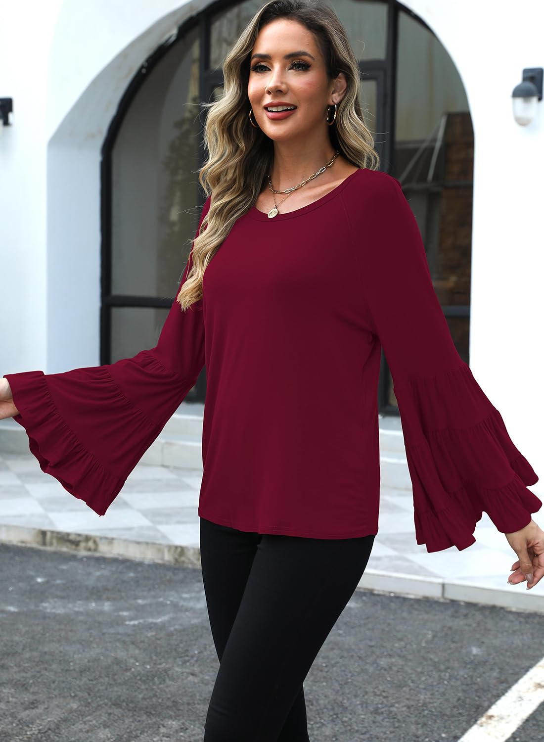 Hount Women's Casual Long Bell Sleeve T-Shirt - Loose Fit Round Neck Flare Sleeve Blouse for Everyday Wear, Office & Date Night Outfits