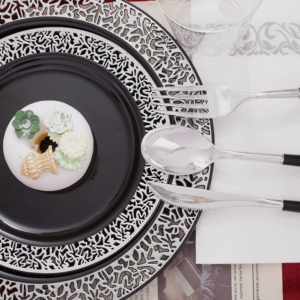 350-Piece Black & Silver Plastic Dinnerware Set - Disposable Plates, Silverware & Napkins for 50 Guests - Elegant Party Supplies for New Year Celebrations, Weddings & Special Events