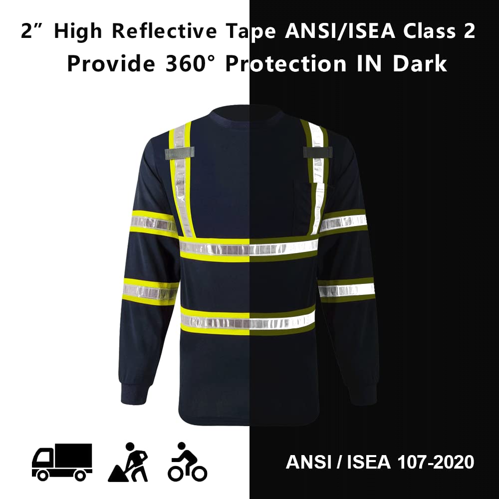 High Visibility Reflective Safety Work Shirts with PVC Tape & Pockets - Long Sleeve T-Shirts for Men & Women | Construction, Roadwork & Night Shift Safety Gear