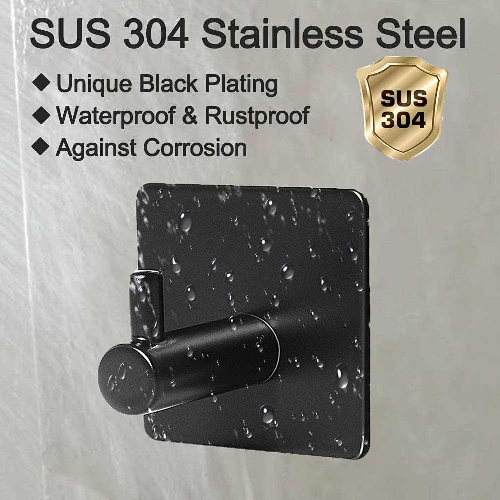 6 Pack Black Self Adhesive Wall Hooks - No Drill Stainless Steel Hangers for Robe, Towel & Coat - Strong Adhesive Bathroom, Bedroom, Office & Kitchen Organizers (Perfect for Small Spaces & Rental Homes)