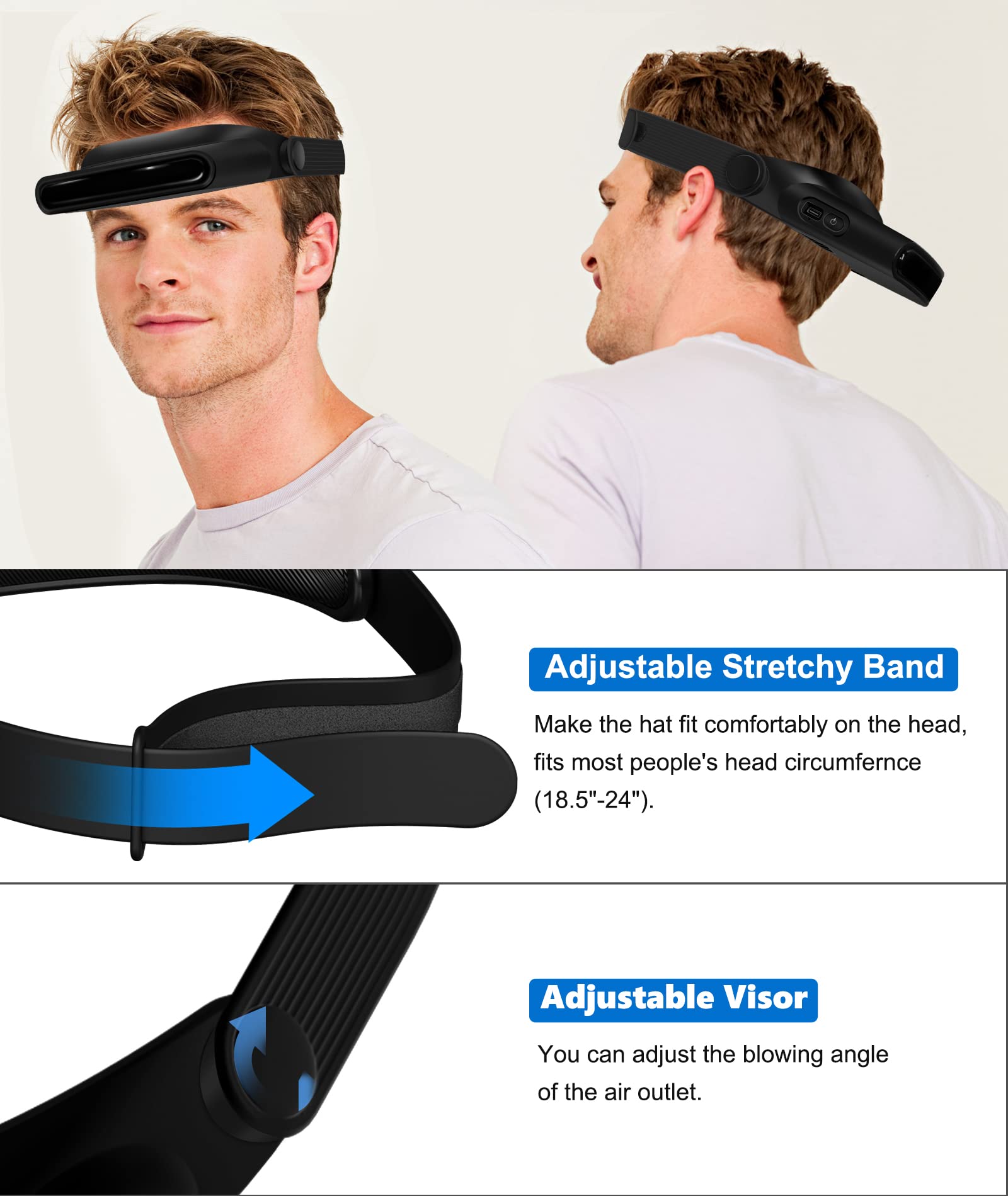 TRELC Hands-Free Bladeless Headband Fan with Sun Hat - Rechargeable USB Cooling Fan for Men & Women - Perfect for Cycling, Fishing, Hiking, Camping & Outdoor Sports (Black) | Stay Cool During Summer Activities