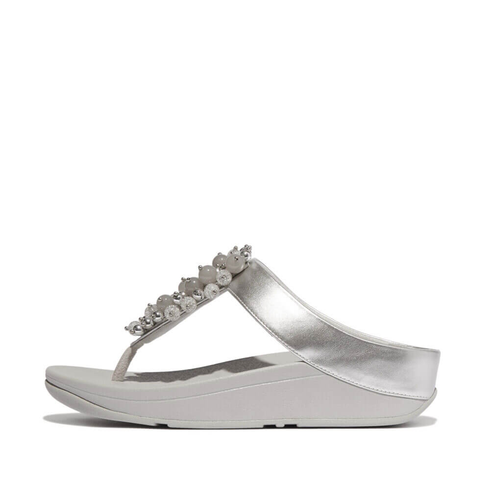 FitFlop Fino Bauble Bead Leather Sandals for Women - Silver | Comfortable & Stylish Flip Flops for Beach, Pool & Summer Outfits