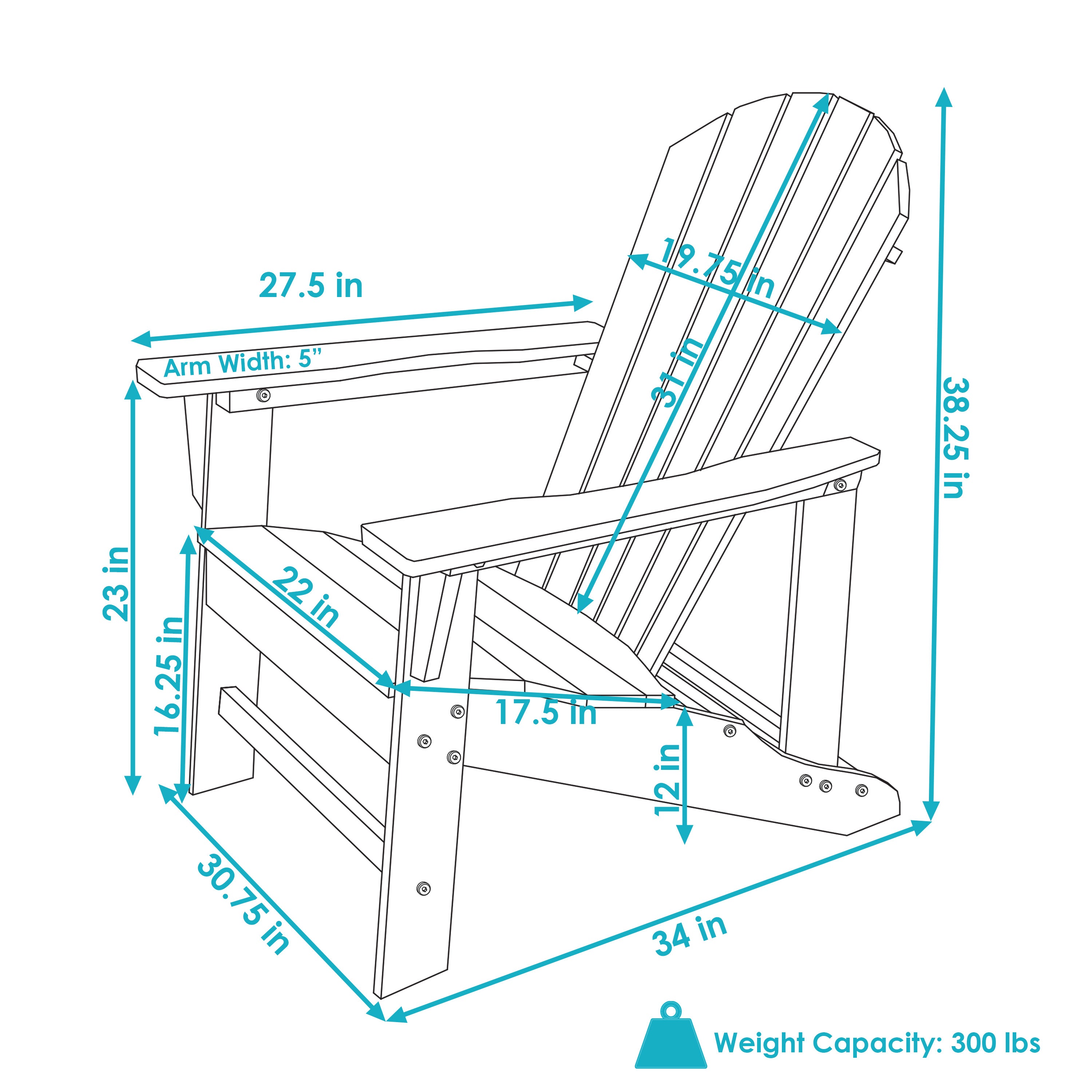 All-Weather Adirondack Chair by Sunnydaze - Heavy Duty 300 lb Capacity, 38.25