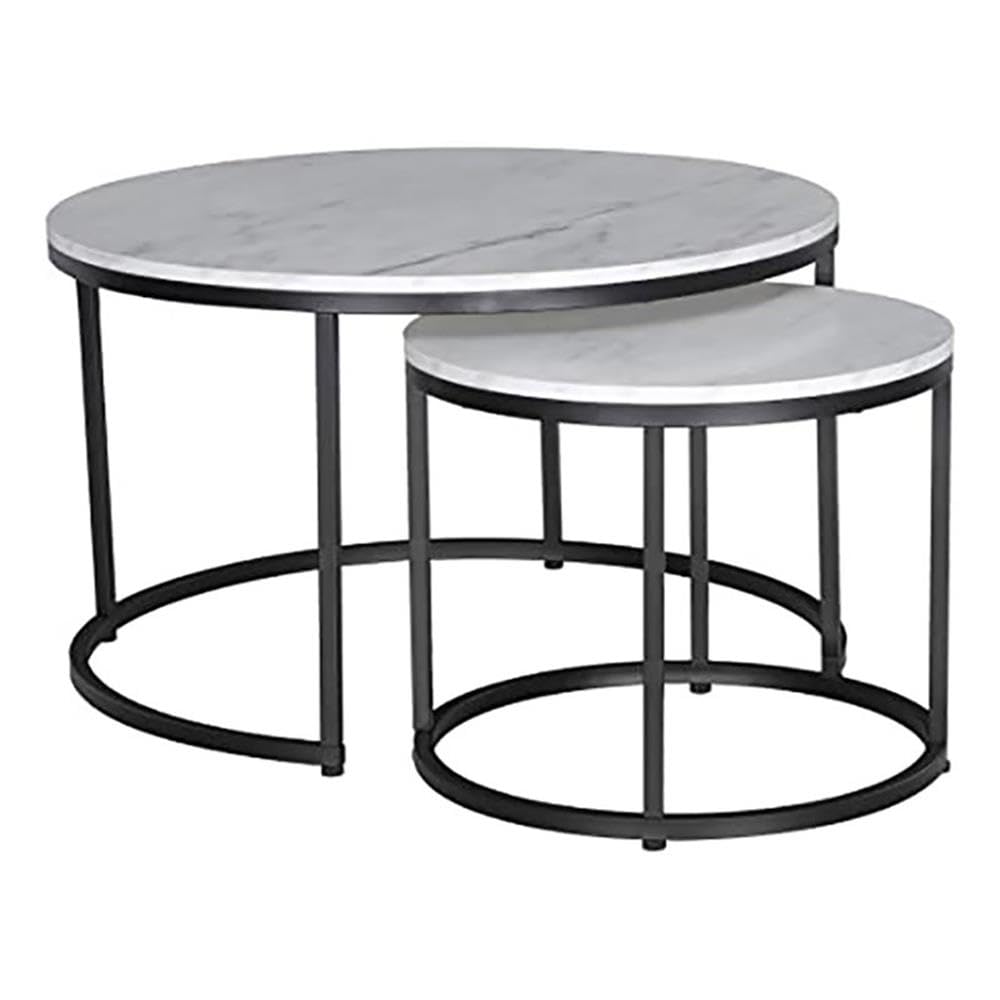 Modern Round Nesting Coffee Table Set of 2 - Metal Frame with Marble Top, Black Living Room Accent Tables for Small Spaces - Perfect as Stacking Sofa Side Tables or Cocktail Tables for Apartments and Condos