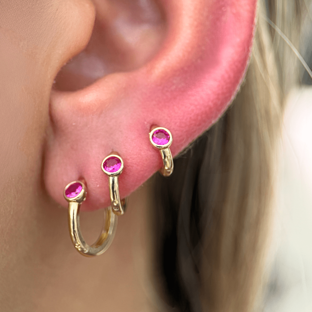 14K Yellow Gold Ruby Huggie Hoop Earrings - Dainty Bezel Set Gemstone Jewelry for Women - Perfect for Everyday Wear, Date Nights & Special Occasions