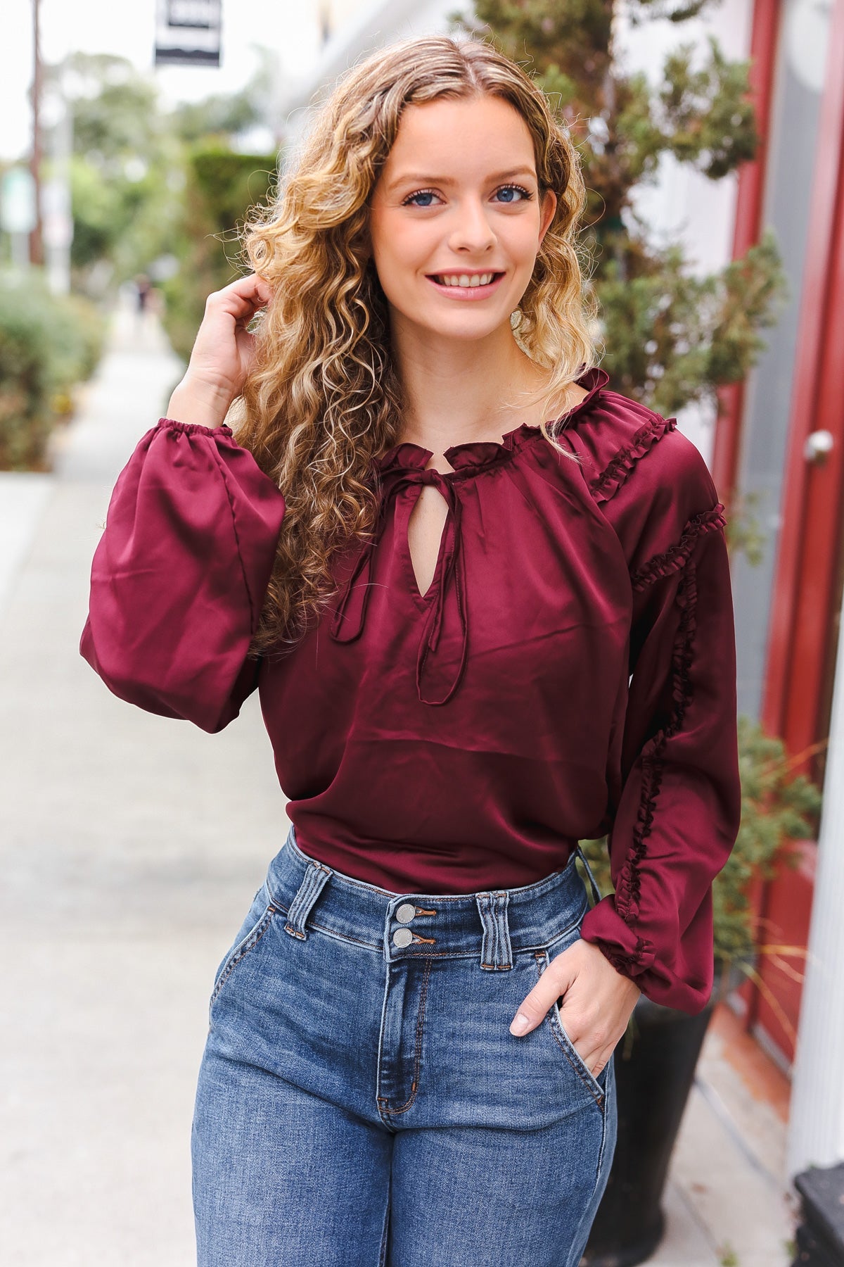 Elegant Burgundy Satin Blouse with Frill Detail & Tie Neck - Perfect for Holiday Parties & Special Occasions