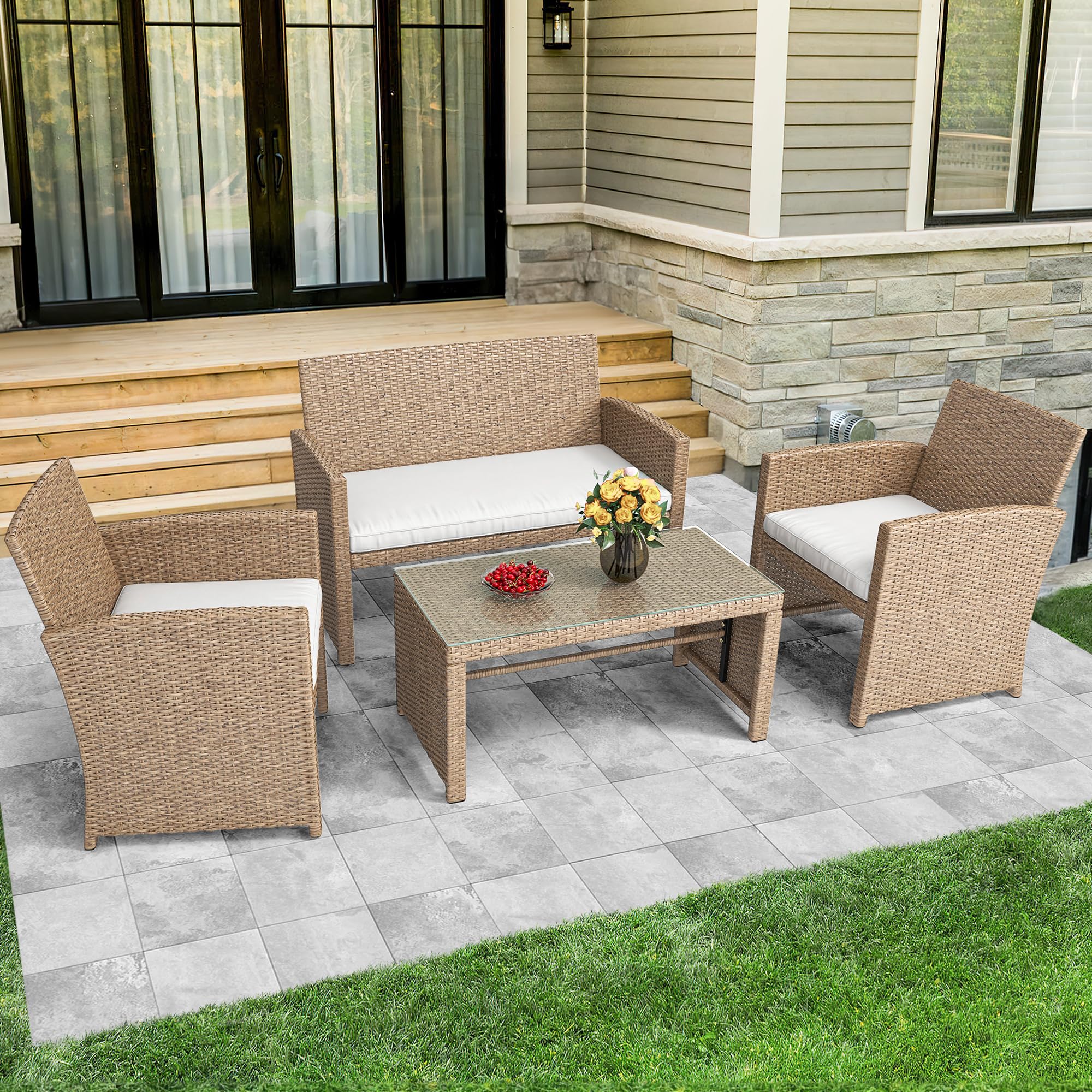 YITAHOME 4-Piece Patio Bistro Set - All-Weather Outdoor Rattan Wicker Loveseat with Glass Side Table & Cushions (Light Brown/Beige) - Perfect for Garden, Balcony & Backyard Relaxation