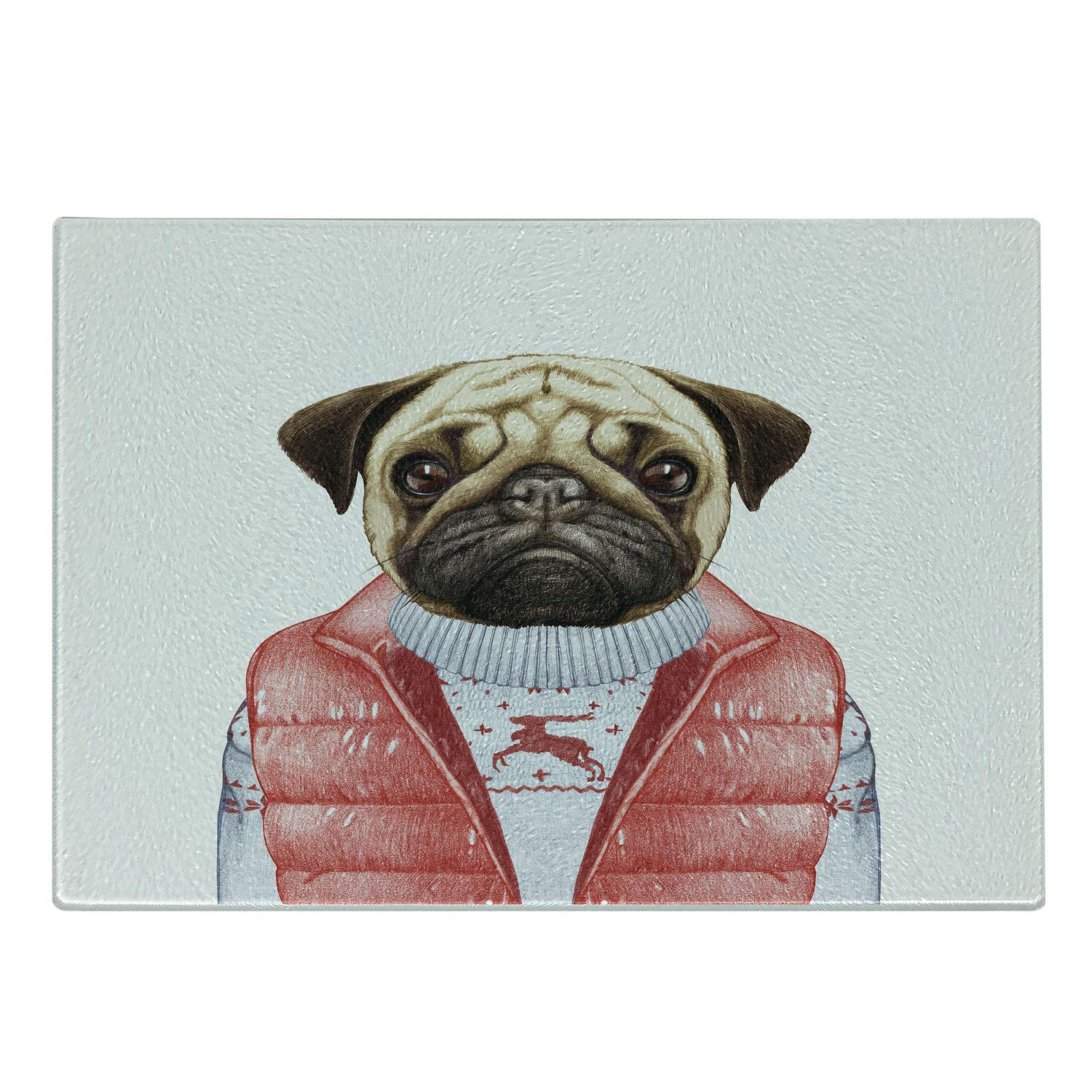 Ambesonne Pug Cutting Board - Hand Drawn Christmas Dog Design on Tempered Glass, Small Decorative Serving Board in Pale Brown Red White - Perfect for Holiday Gifts, Kitchen Decor & Party Serving