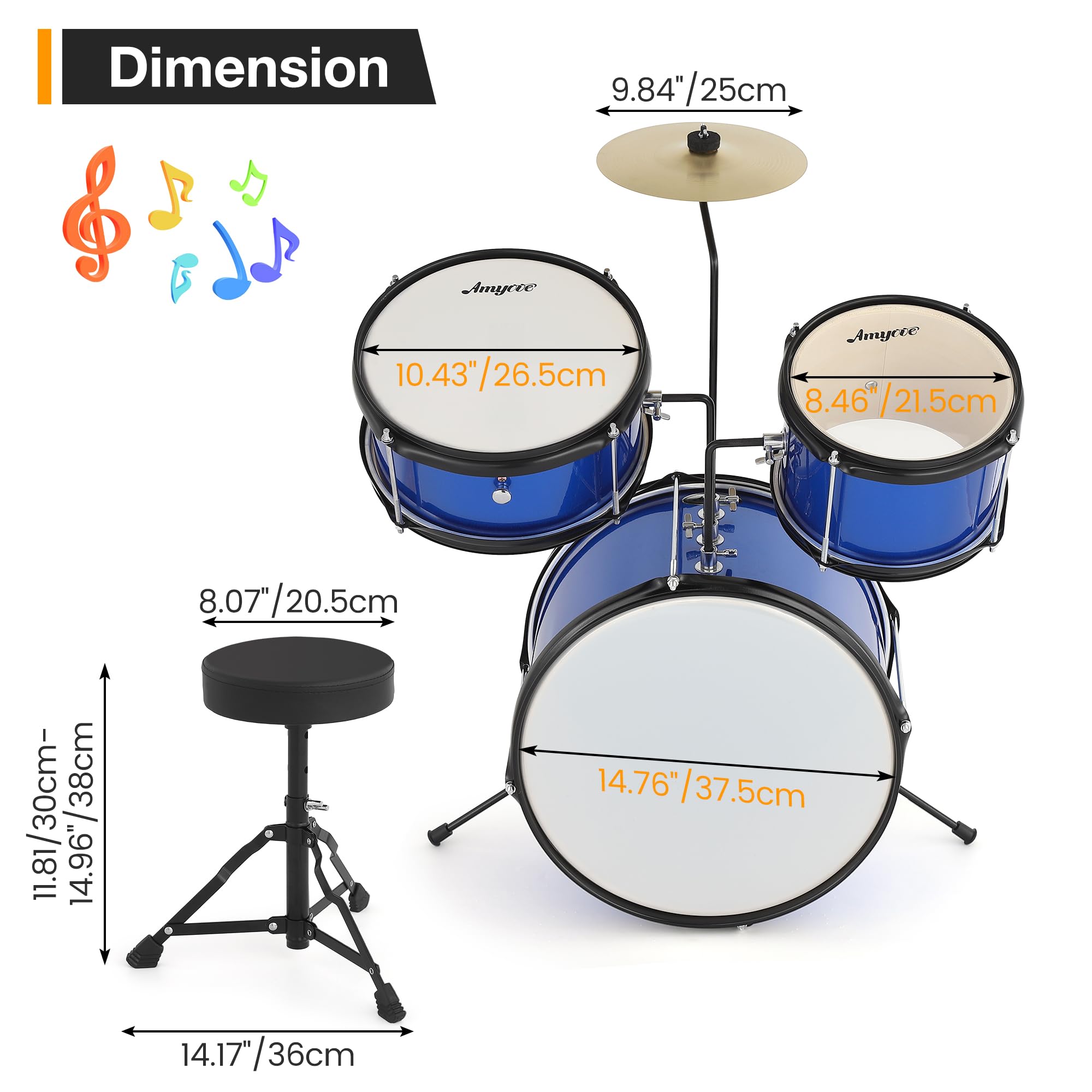 **3-Piece Kids Drum Set for Beginners - Blue Junior Drum Kit with Cymbal, Tom, Bass Drum, Drumsticks & Pedal - Includes Adjustable Drum Stool - Perfect for Boys & Girls Learning Music at Home or School**