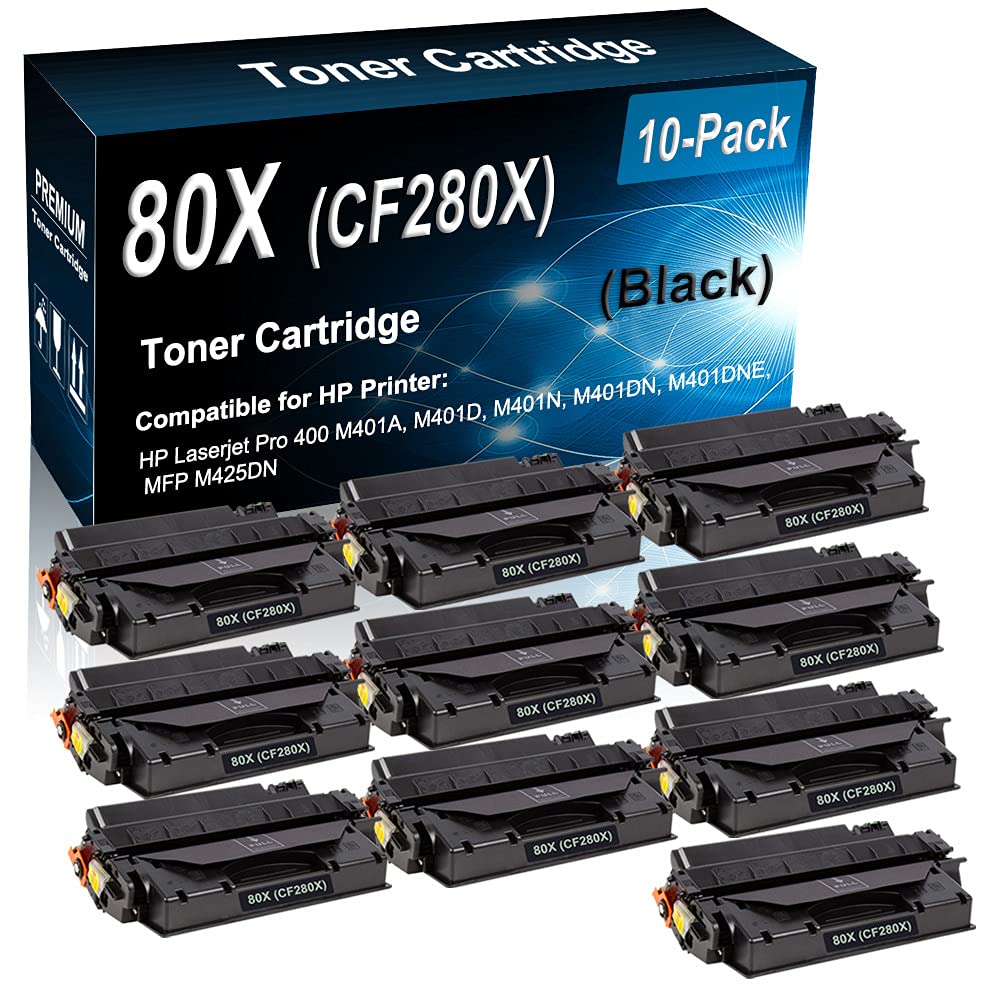 10-Pack High Capacity 80X CF280X Compatible Toner Cartridge for HP Pro 400 M401A M401D M401N M401DN M401DNE MFP M425DN Printers - Black (6,900 Pages) - Ideal for Office & Home Printing, Bulk Printing Solutions