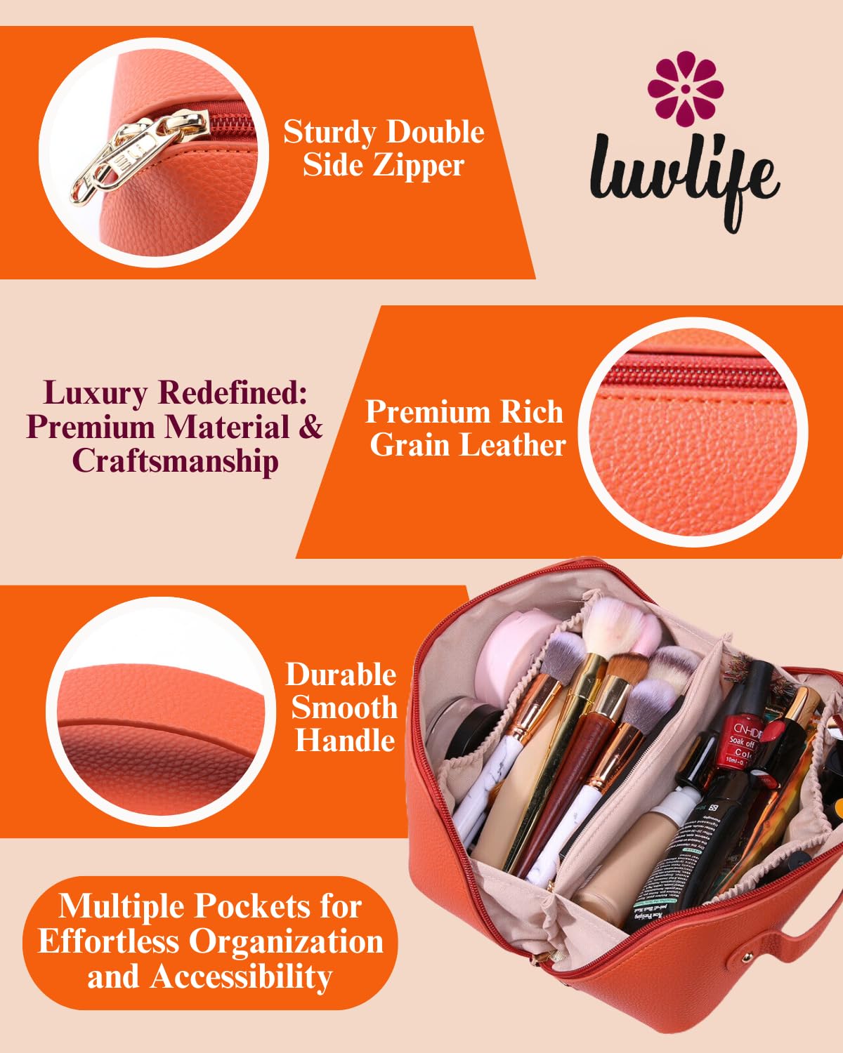 LuvLife Large Capacity Vegan Leather Cosmetic Travel Bag for Women & Girls - Portable Makeup Pouch with Wide Opening, Handle & Divider - Perfect for Toiletries Storage (12cm, Orange) - Includes Free E-Book - Ideal for Travel, Gym & Everyday Use