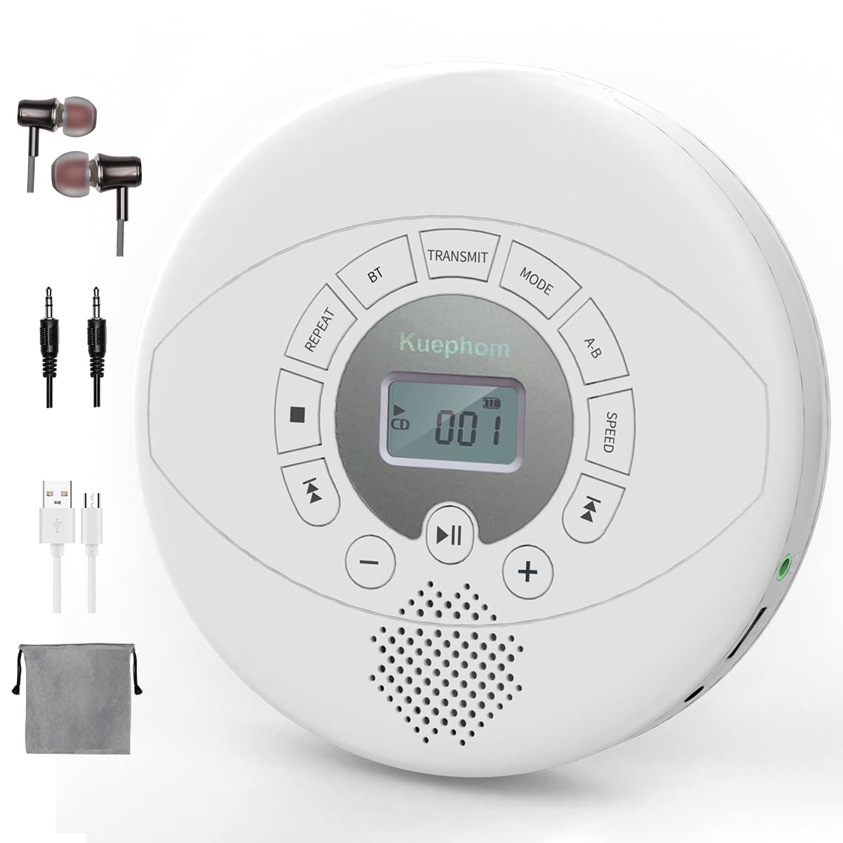 Portable Bluetooth CD Player with Headphones - Rechargeable Anti-Skip Walkman, USB/AUX Input & Built-in Speakers | Perfect for Car, Home, Travel & Outdoor Activities | White KUEPHOM CD Player