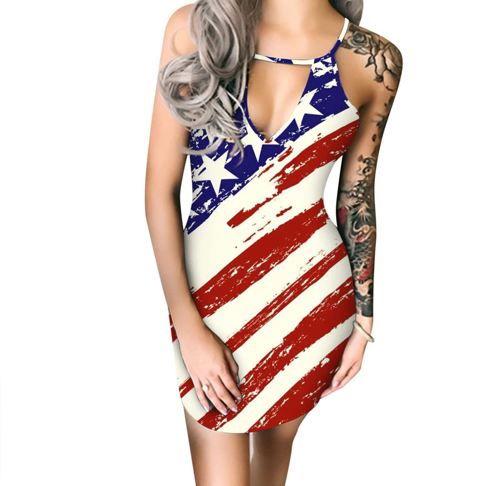 Women's Summer Casual Sleeveless Mini Dress - 4th of July Printed Round Neck Sundress for Beach, Party & Independence Day Celebrations