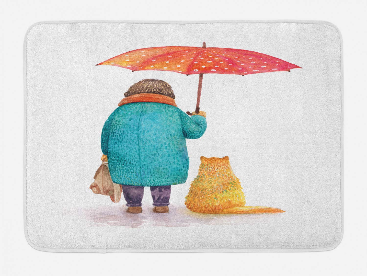 Ambesonne Non-Slip Plush Bath Mat - Cartoon Rainy Day Lady with Umbrella & Cat Design, Coral & Multicolor, 29.5