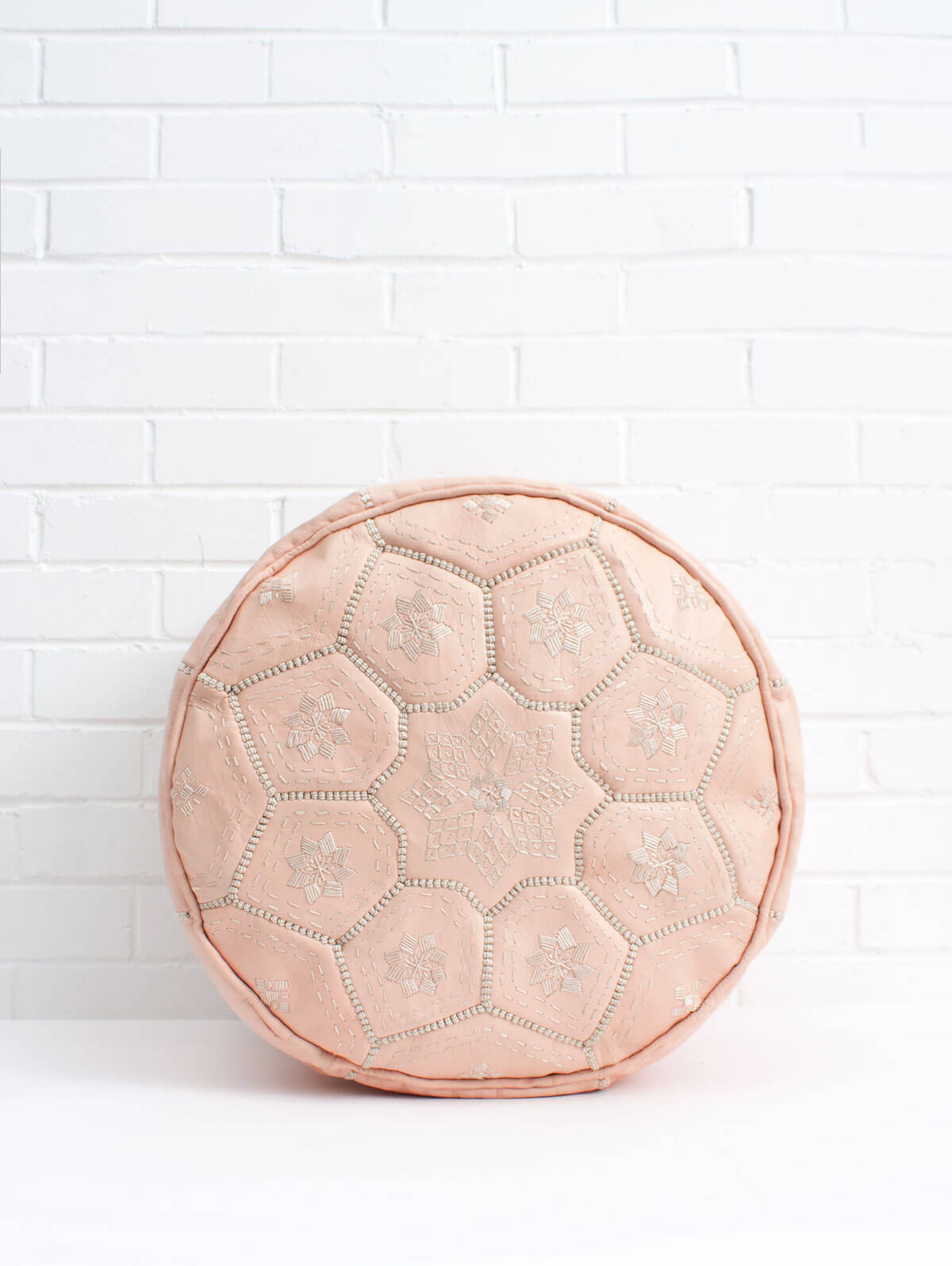 Moroccan Leather Tile Pouffe Ottoman - Soft Pink Handmade Footstool (Slight Seconds) | Boho Chic Living Room Decor, Cozy Bedroom Seating