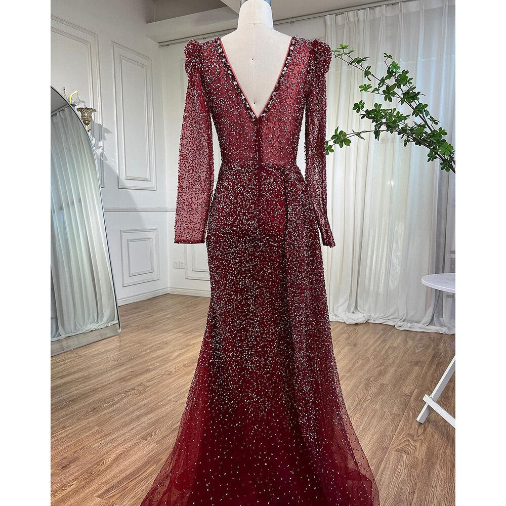 Luxury Muslim Designer Wine Red Mermaid Evening Dress with Beaded V-Neck for Women - Perfect for Weddings, Parties & Special Occasions in 2025 | Serene Hill LA72148