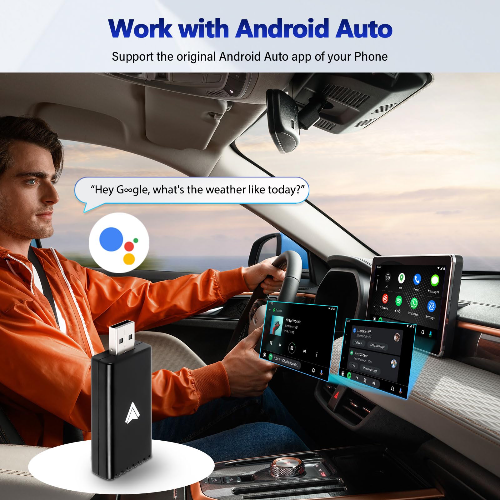 Wireless Android Auto Adapter for Car - Plug & Play Dual Core WiFi Dongle with USB C to A & USB A Extension Cable - Fast Connection No Lag - Compatible with 2017+ OEM Wired Car Models - Perfect for Commuting & Road Trips