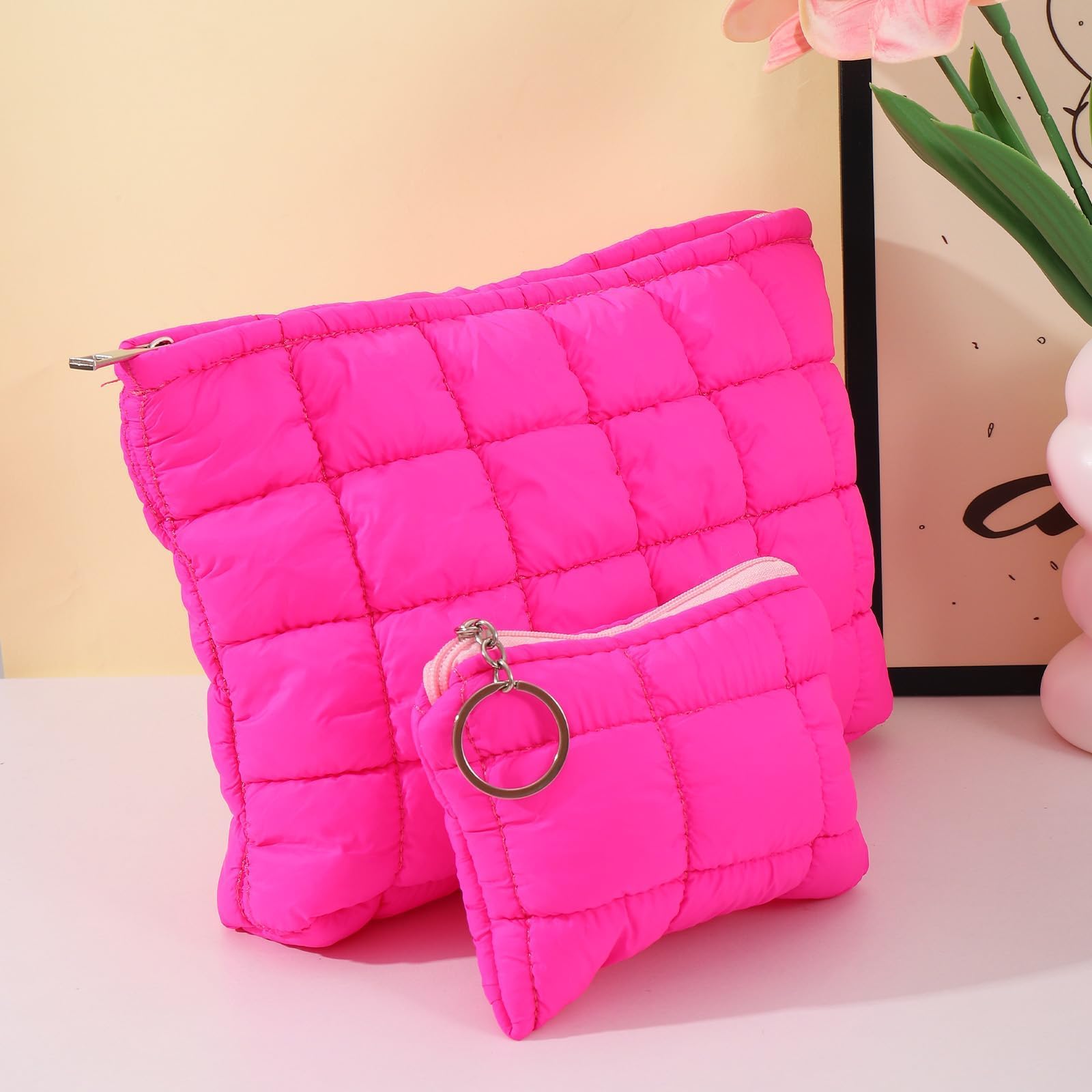 LYDZTION Quilted Makeup Bag Set of 2 - Rose Red Checkered Cosmetic Organizer for Women | Travel Toiletry Pouch with Zipper | Perfect for Skincare, Makeup Storage & Gift Giving