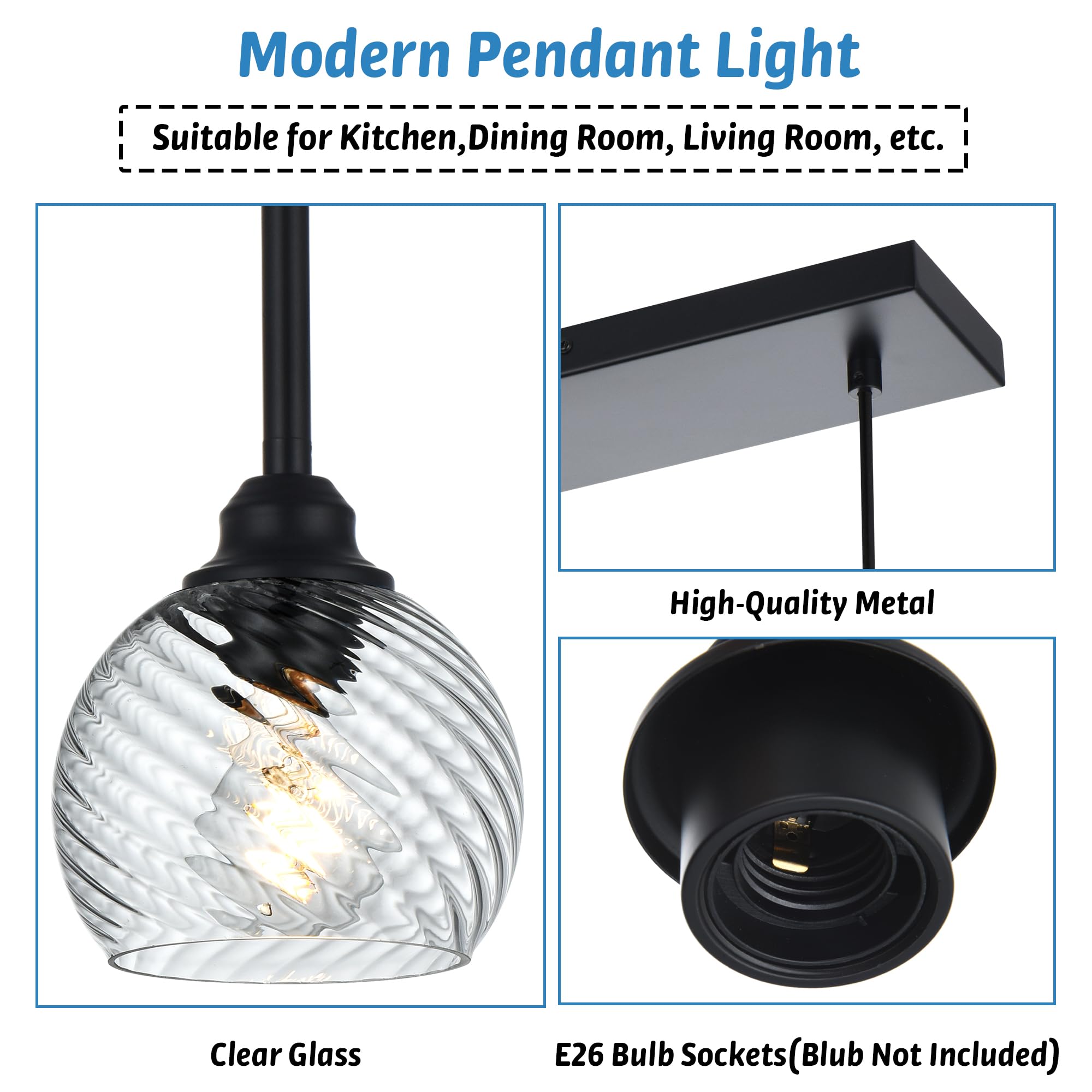5-Light Black Blown Glass Pendant Light with Striped Swirl Globe - Modern Kitchen Island Lighting, Hanging Ceiling Lamp for Dining Room, Bar & Living Room - Perfect for Contemporary Home Decor and Ambient Lighting